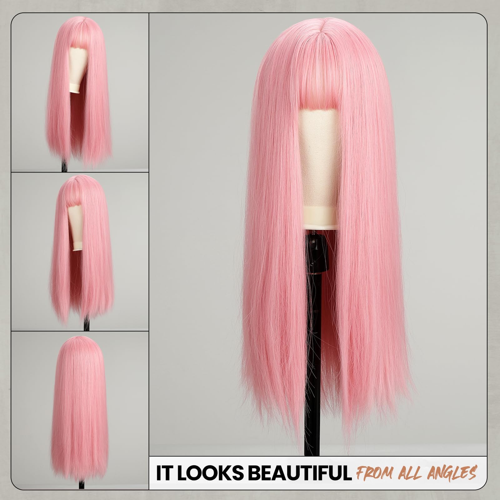 Emmor Pink Wig With Bangs For Women Long Straight Wigs Synthetic For Girls Party Halloween Cosplay And Daily Use(26'' Light Pink