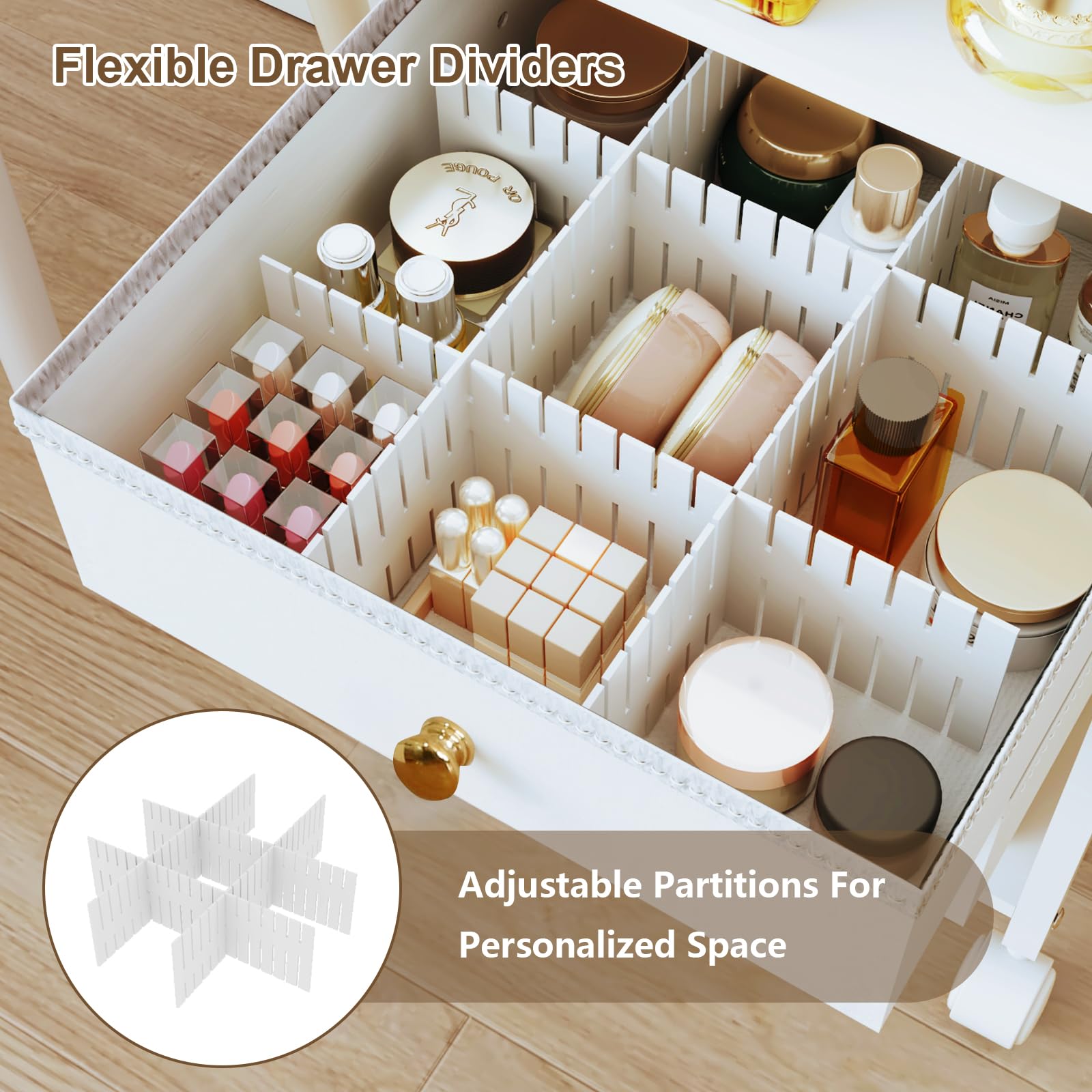 DongRong Floor Makeup Organizer with Lockable Wheels & 8 Dividers, 2-Drawer Rolling Skincare Cart for Cosmetics/Perfume/Nail Pol