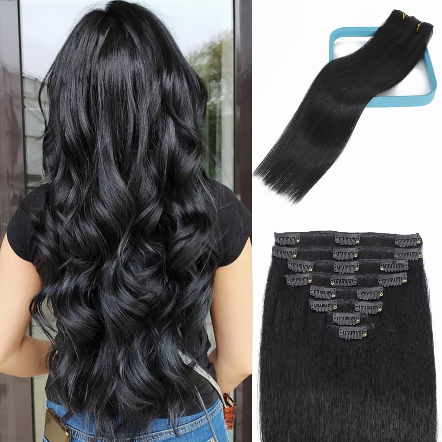 LORIEN Clip in Hair Extensions Real Human Hair, 22 Inch 110g, 1 Jet Black, Clip in 100% Brazilian Remy Human Hair Extensions 8pc