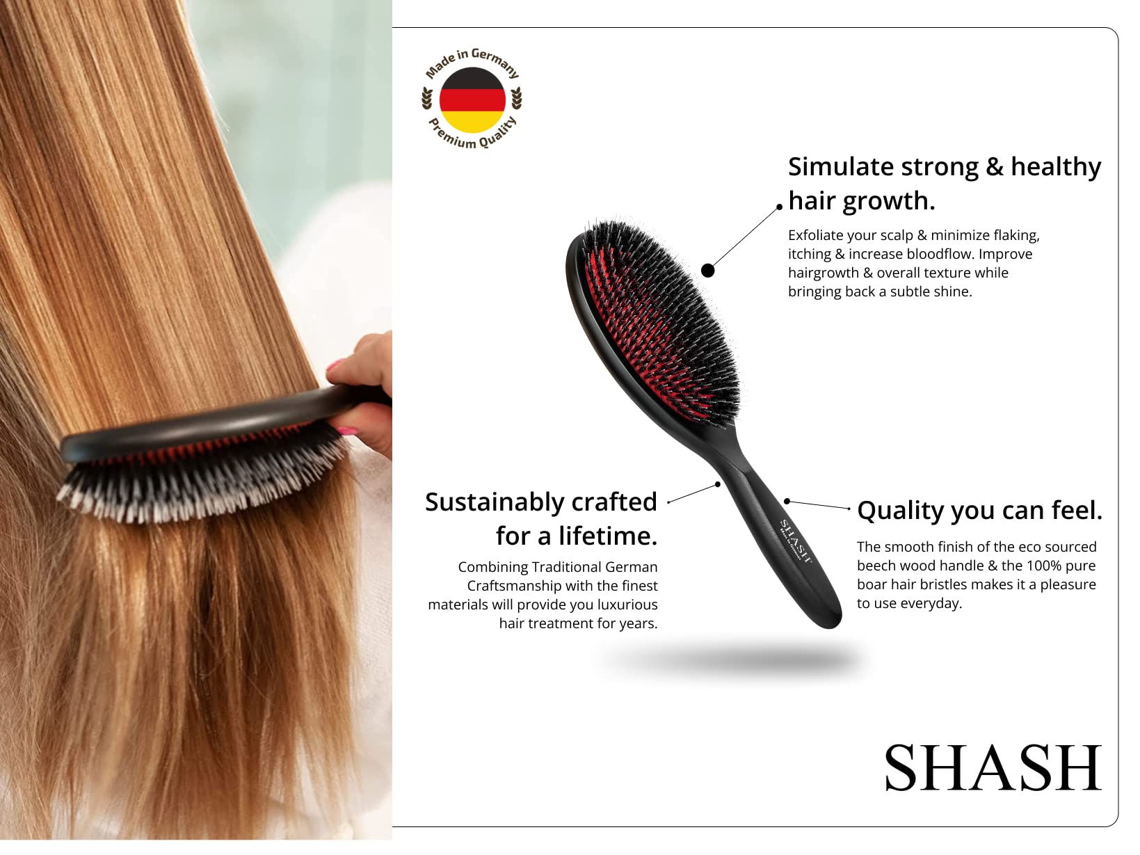 SHASH Nylon Boar Bristle Brush - Hand Made in Germany, Small, Black - Detangles, Softens, Improves Hair Texture, No Pulling or Split Ends