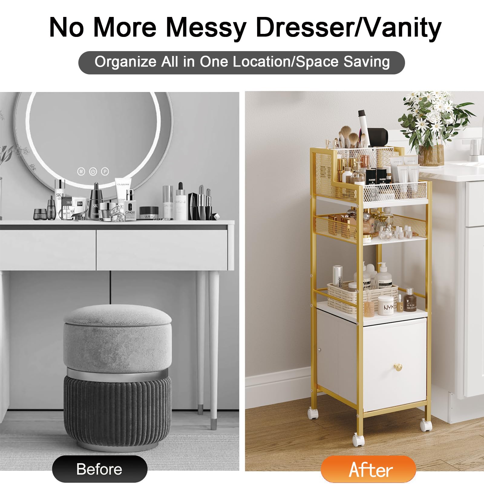 Makeup Organizer Storage Cart with Drawers, Large Floor Makeup Skincare Organizers, Rolling Makeup Cart Vanity Organizer Cosmeti