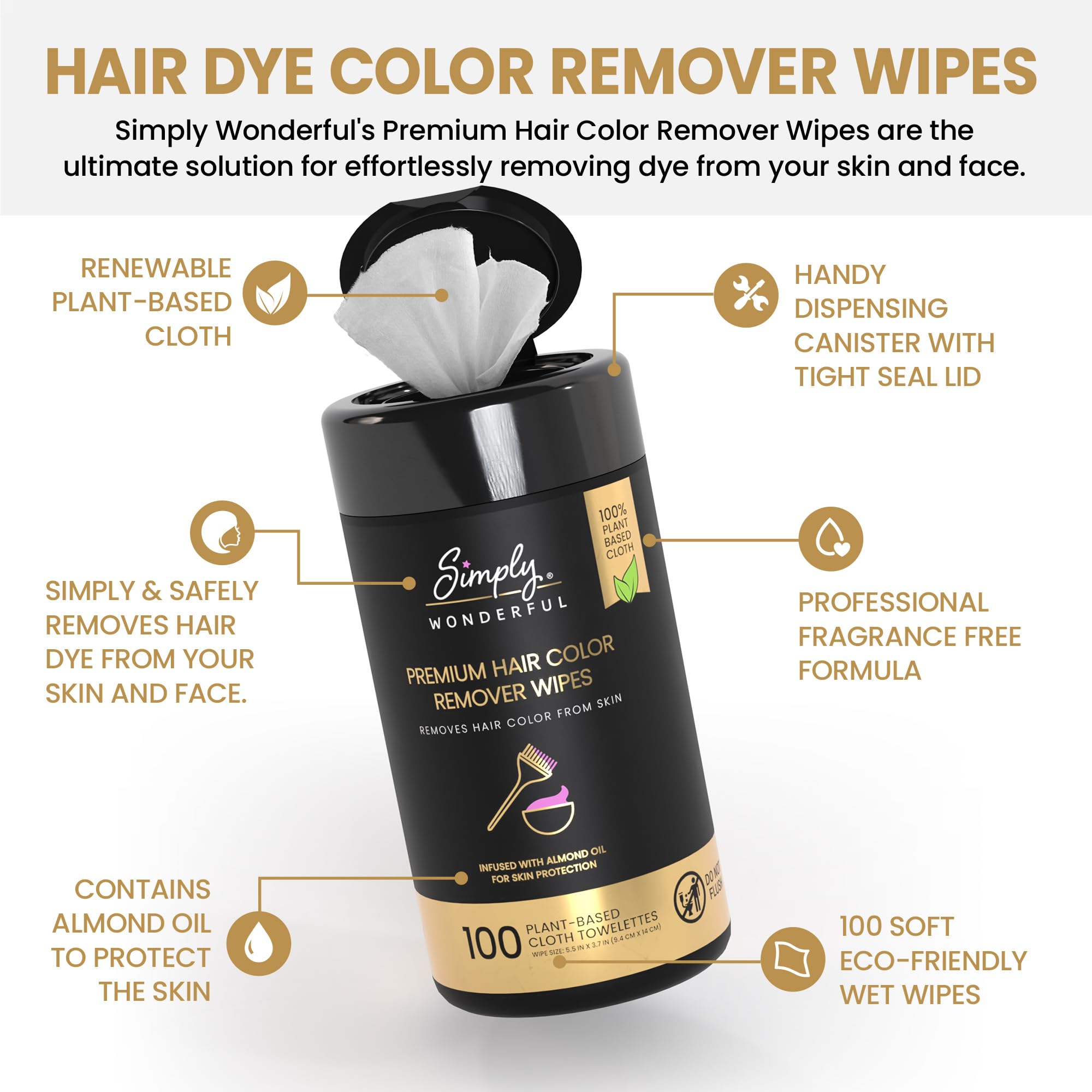 Simply Wonderful Hair Color Remover Wipes for Face & Skin - 100 Count Plant-Based Cloth Towlettes, Non-Irritating Almond Oil Inf