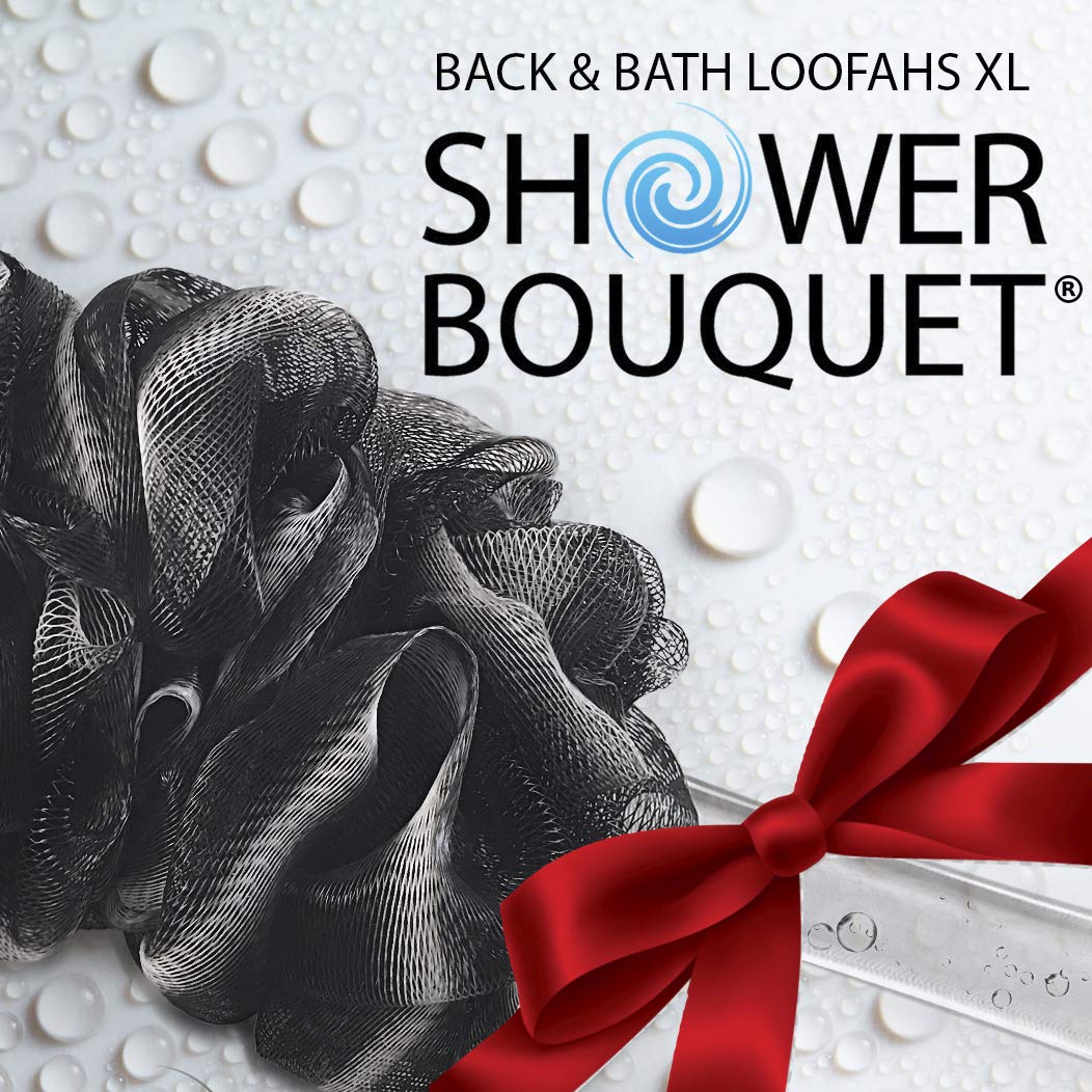 Loofah-Charcoal Back-Scrubber  Bath-Sponges By Shower Bouquet: 1 Long-Handle-Back-Brush Plus 2 Extra Large 75G Soft Mesh Poufs,