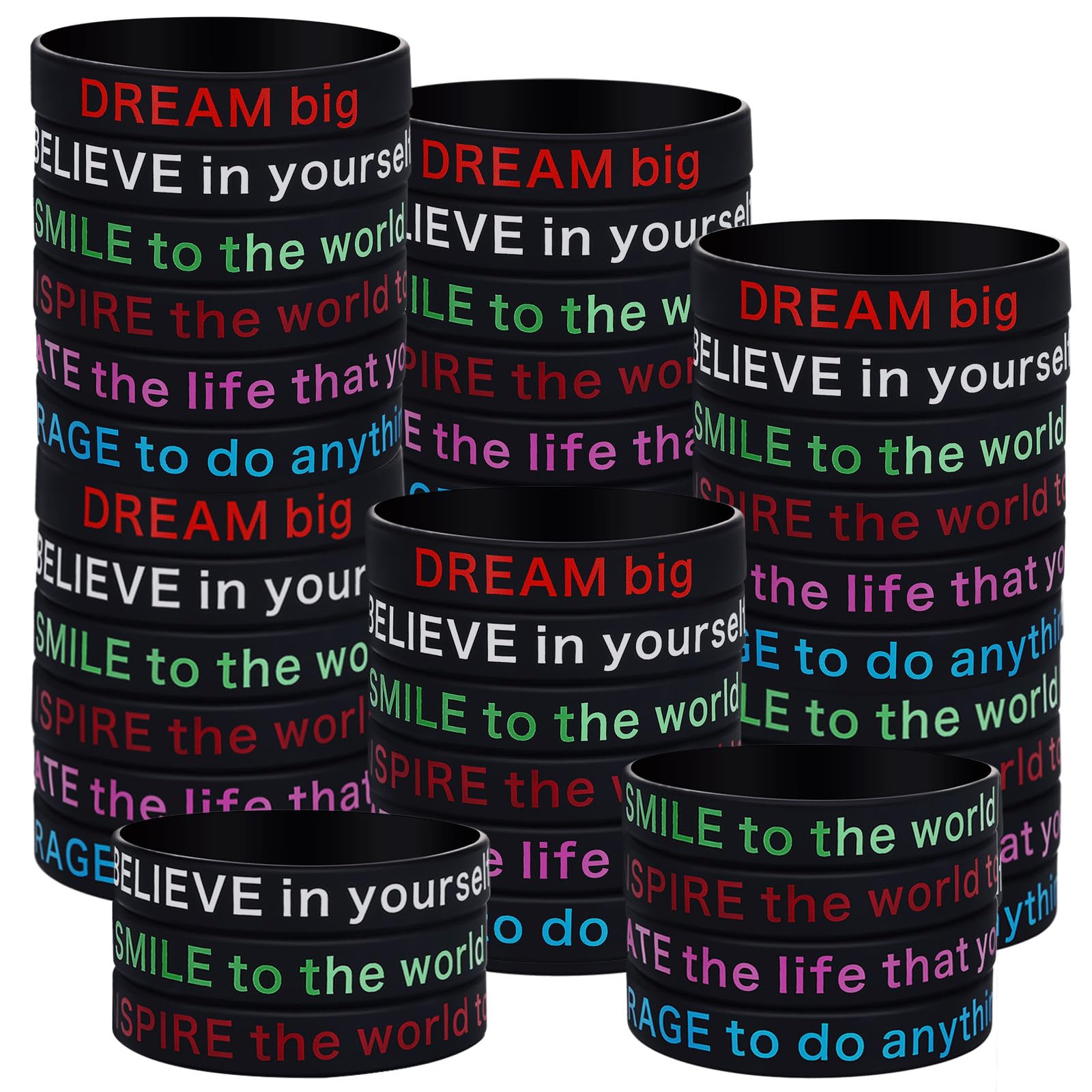 BBTO 48 Pcs Motivational Quote Rubber Bracelets Colored Inspirational Silicone Bracelets Stretch Bracelets for Men Women Black H