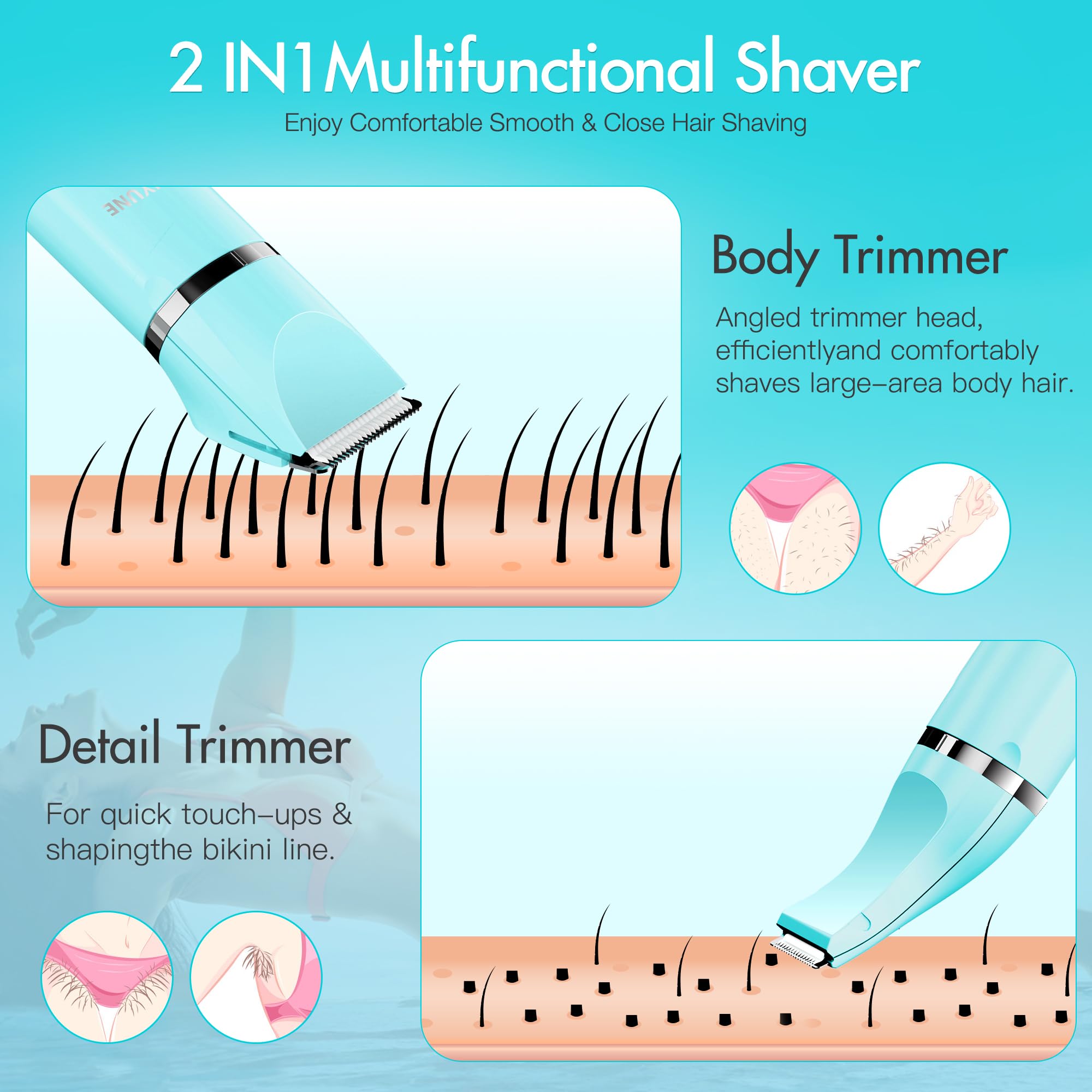 Sanyune Bikini Trimmer For Women, 2 In 1 Electric Women Pubic Hair Trimmer, Portable Ladies Shaver With 2 Trimmer Heads Waterpro