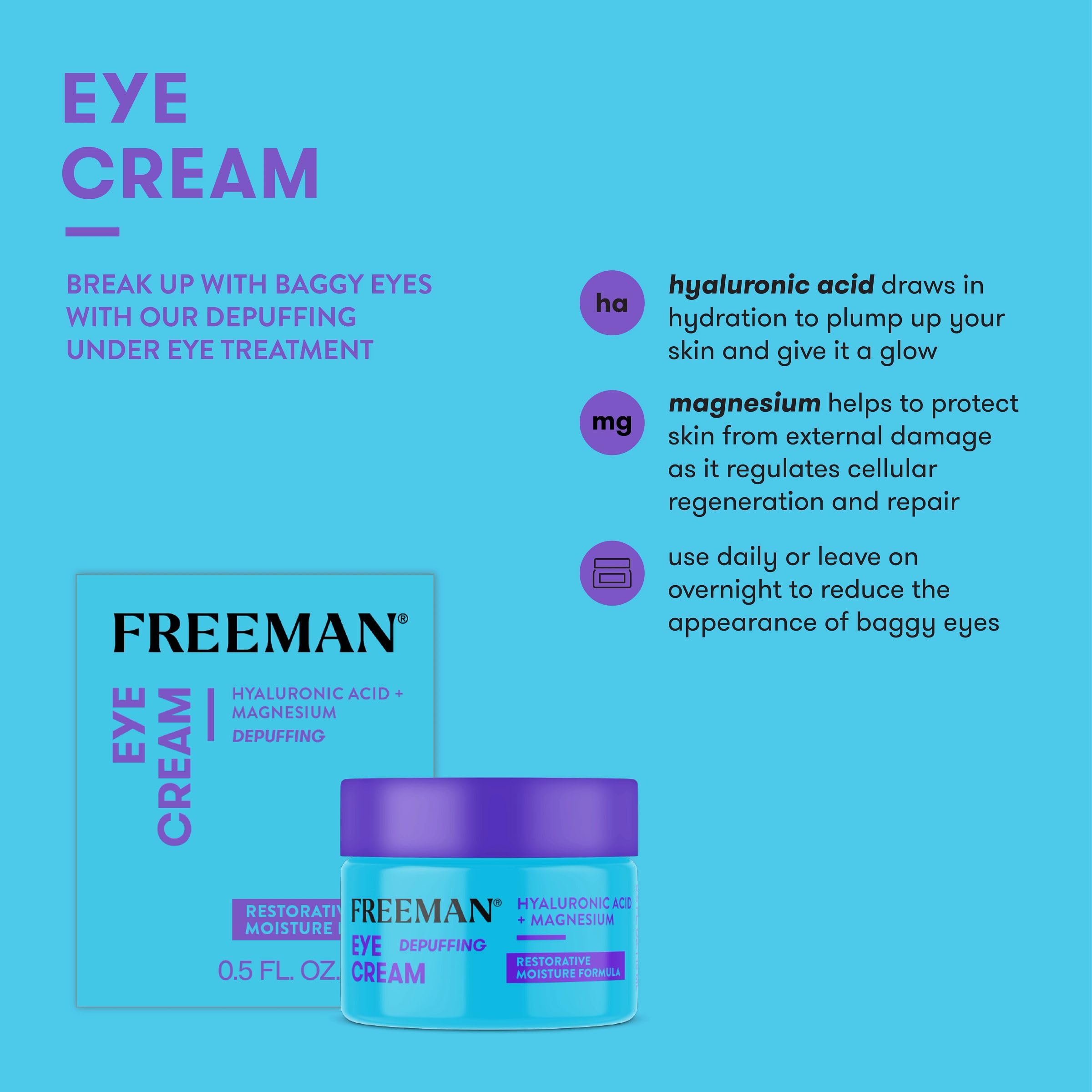 Freeman Restorative Moisturizing & Depuffing Eye Cream + Overnight Leave-On Treatment, For Dull & Tired Eyes, Brightens Undereye