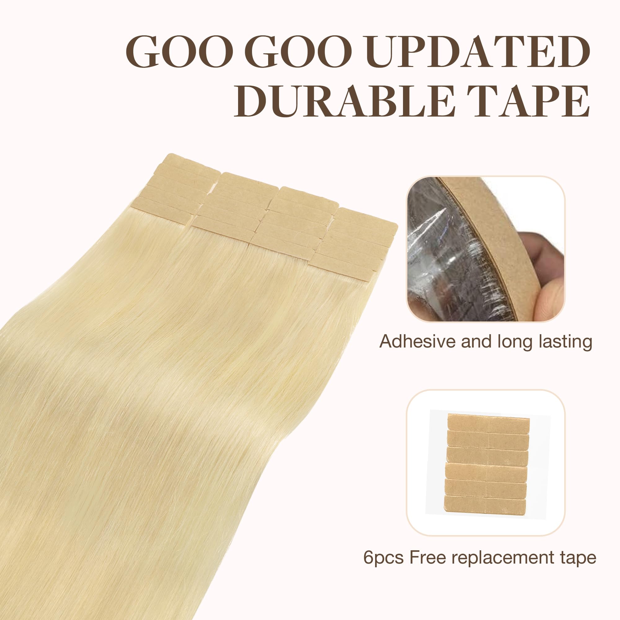 Goo Goo Tape In Hair Extensions Human Hair, 613R Bleach Blonde, 14Inch 100G 40Pcs, Thick Ends Straight Seamless Tape In, Invisib