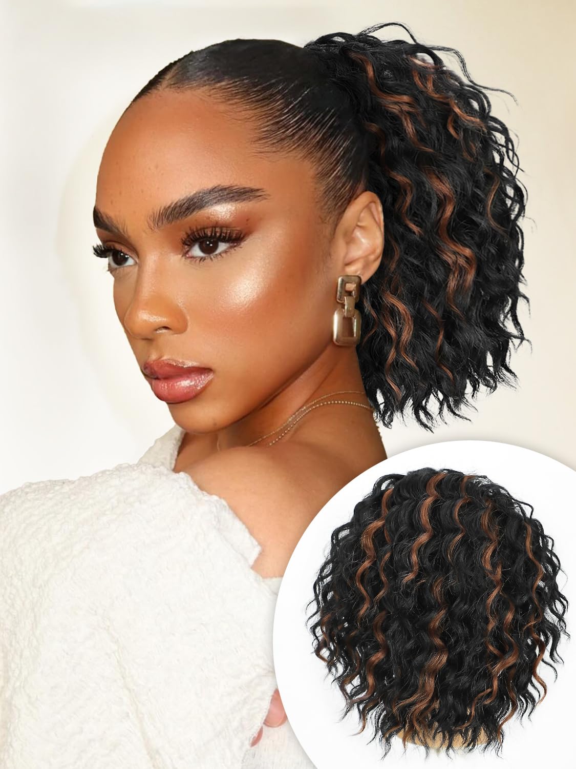 ALXNAN Wavy Curly Ponytail Extension, 8'' Black With Highlights Drawstring Ponytail for Black Women Short Soft Natural Synthetic