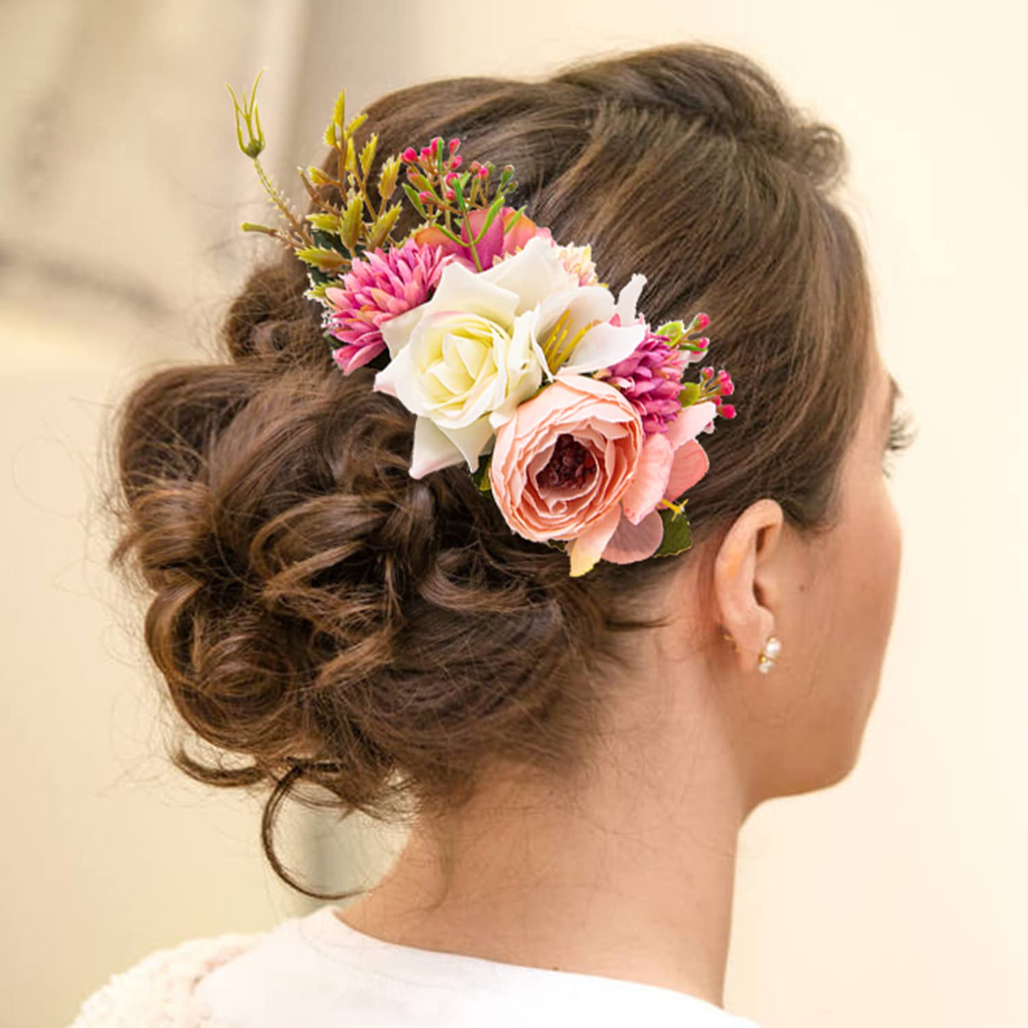 Cinaci 4 Pack Large Artificial Flower Metal Hair Side Combs Floral Slide Hair Clips Wedding Bridal Headpieces Hairpins Barrettes