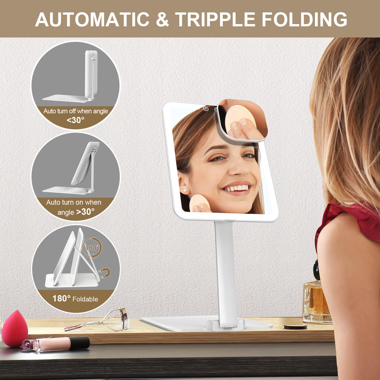Mocado Travel Makeup Mirror with Light - Tripple Folding Travel Mirror with Light, 3 Colors Lighted Makeup Mirror, Portable Vani