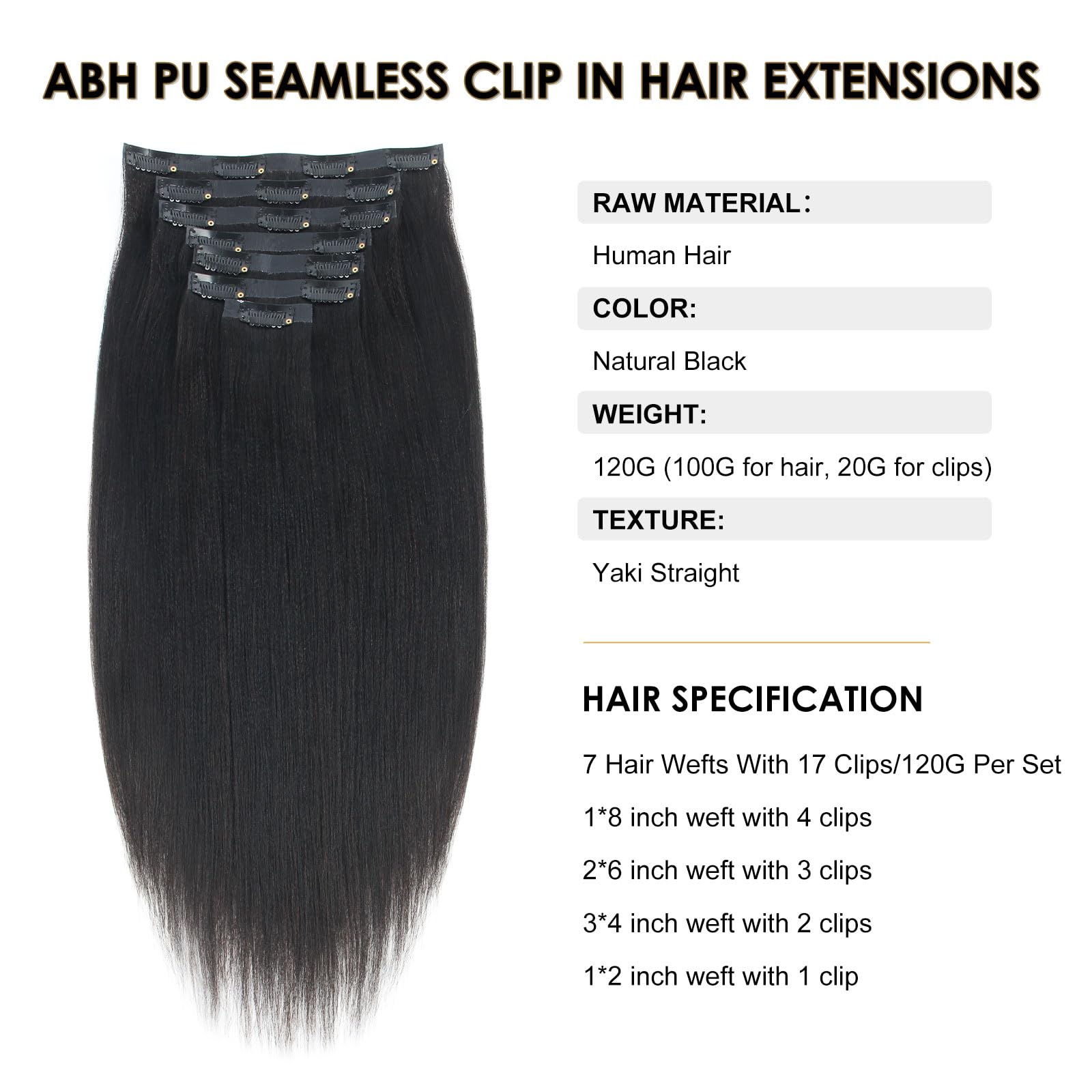 Abh Amazingbeauty Hair Clip In Hair Extensions Yaki Straight Double Weft Seamless Hair Extensions Clip In Full Head Pu Weft Blac