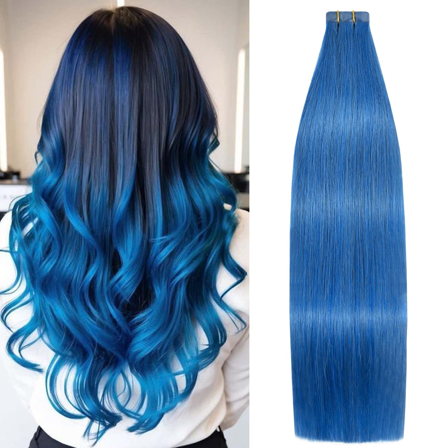 Aison Tape in Hair Extensions Blue 100% Remy 22 Inch Human Hair Extensions Silky Straight for Fashion Women 20 Pcs/Package(22Inc