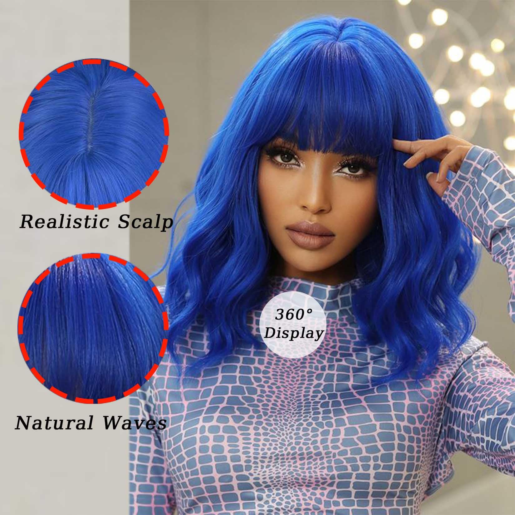 Andromeda Blue Wavy Wig With Bangs Soft Short Bob Wigs For Women Synthetic Shoulder Length Women'S Curly Wigs For Halloween Cost