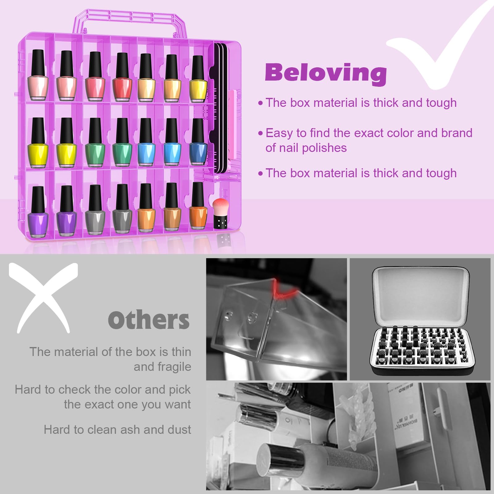 Beloving Nail Polish Organizer Case For 48 Bottles Nail Polish Holder With Adjustable Divider, Gel Nail Polish Storage Double Si