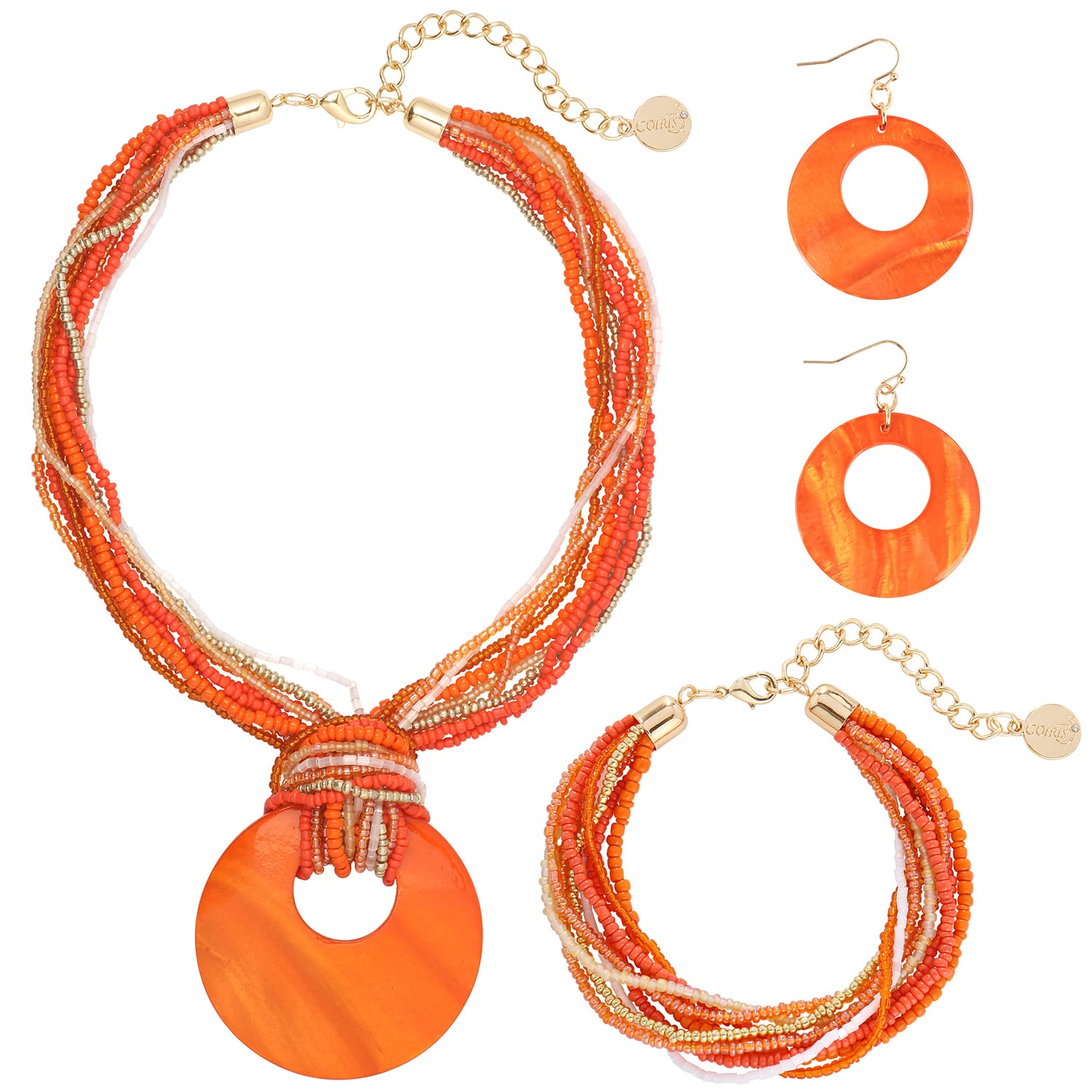 Coiris Multi Strand Statement Colorful Beaded Necklace with Big Circle Shell Pendant for Women (ST0012-Orange)