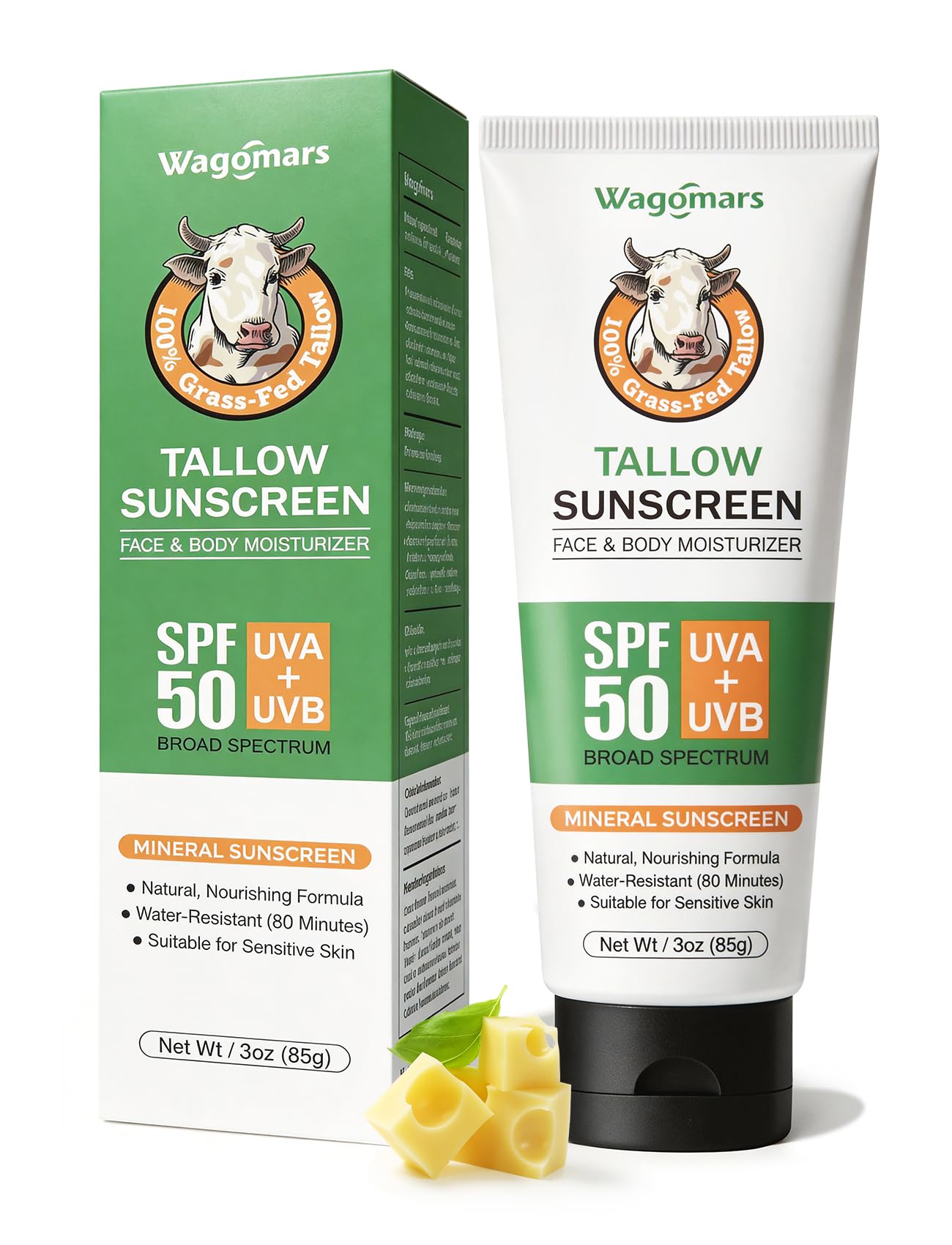 Wagomars Beef Tallow Sunscreen SPF 50  NonToxic Natural Mineral Sunscreen with Zinc Oxide  Organic Reef Safe Sunblock for Fac