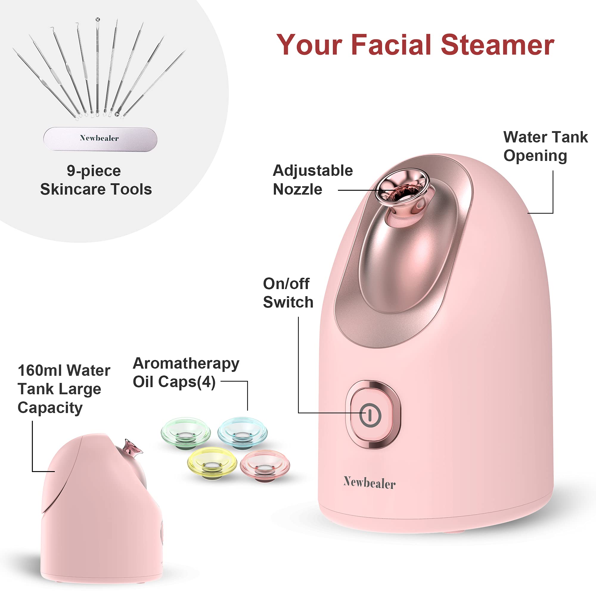Newbealer Mini Aroma Face Steamer, 160ml Nano Ionic Hot Mist Facial Humidifier Atomizer, Home Sauna Spa Sprayer Moisturizing Cle