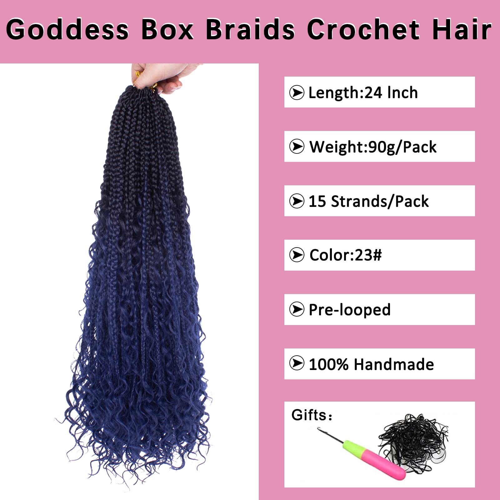 COOKOO 8 Packs 24 Inch Boho Box Braids Crochet Hair With Curly Ends Bohemian Hippie Goddess Box Braids Pre-looped Synthetic Brai