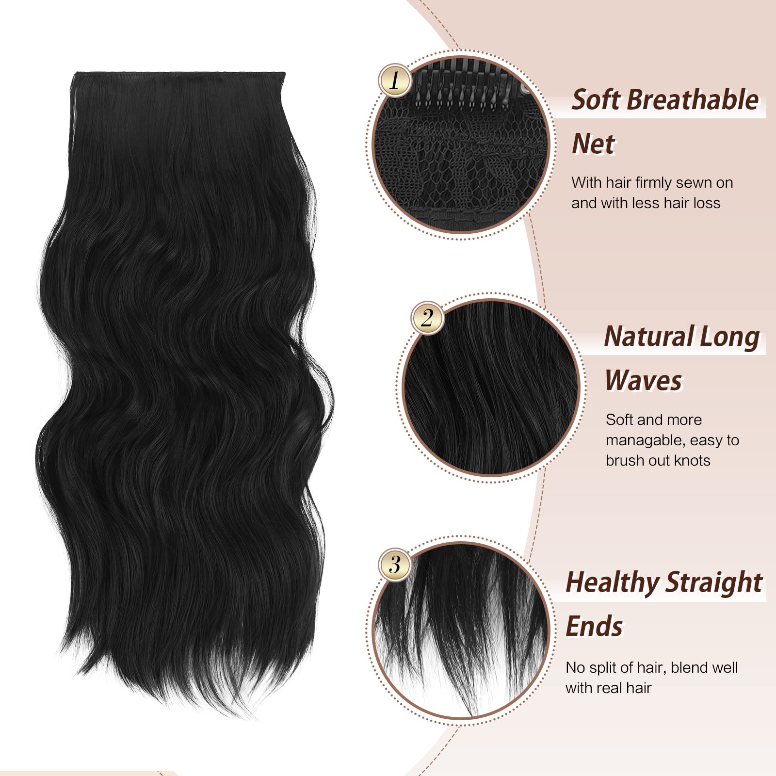 FESHFEN Clip in Hair Extensions - 4 PCS Long Wavy Thick Clip in Hairpieces Full Head Natural Soft Synthetic Hair Extension for W