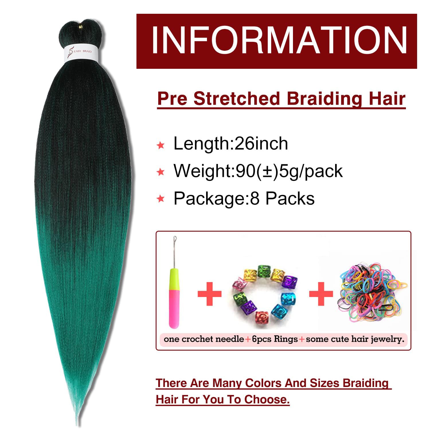 Pre-Stretched Braiding Hair Extensions Ombre Black To Green - 26 Inch 8 Packs Synthetic Crochet Braids, Hot Water Setting Profes