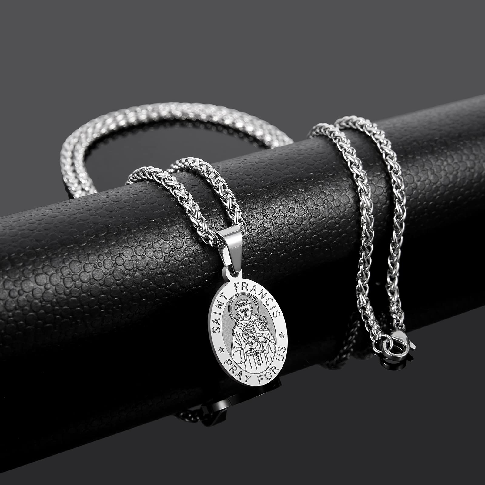 P. BLAKE Stainless Steel St Saint Francis of Assisi Medal Necklace for Men Women, Oval Catholic Patron Pendant Medallion Chain