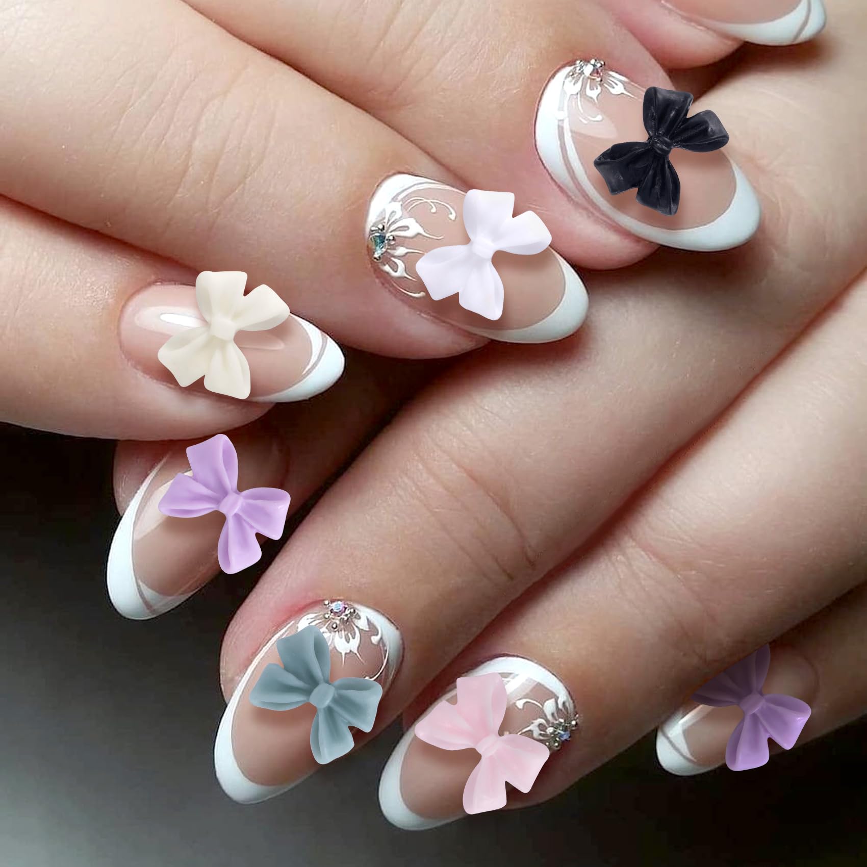 Hinzic 240 Pcs Aurora Bow Nail Charm Iridescent Ribbon Nail Bow Glitter Resin 3D Nail Pearl Rhinestone Valentines Wedding Prom B