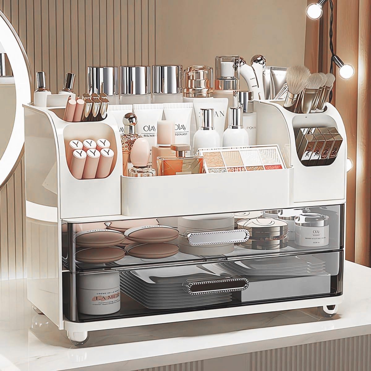 Makeup Organizer with Drawers for Vanity,Bathroom Countertop Organizer with Brushes Holder,Skincare Storage Organizer,Perfect Co