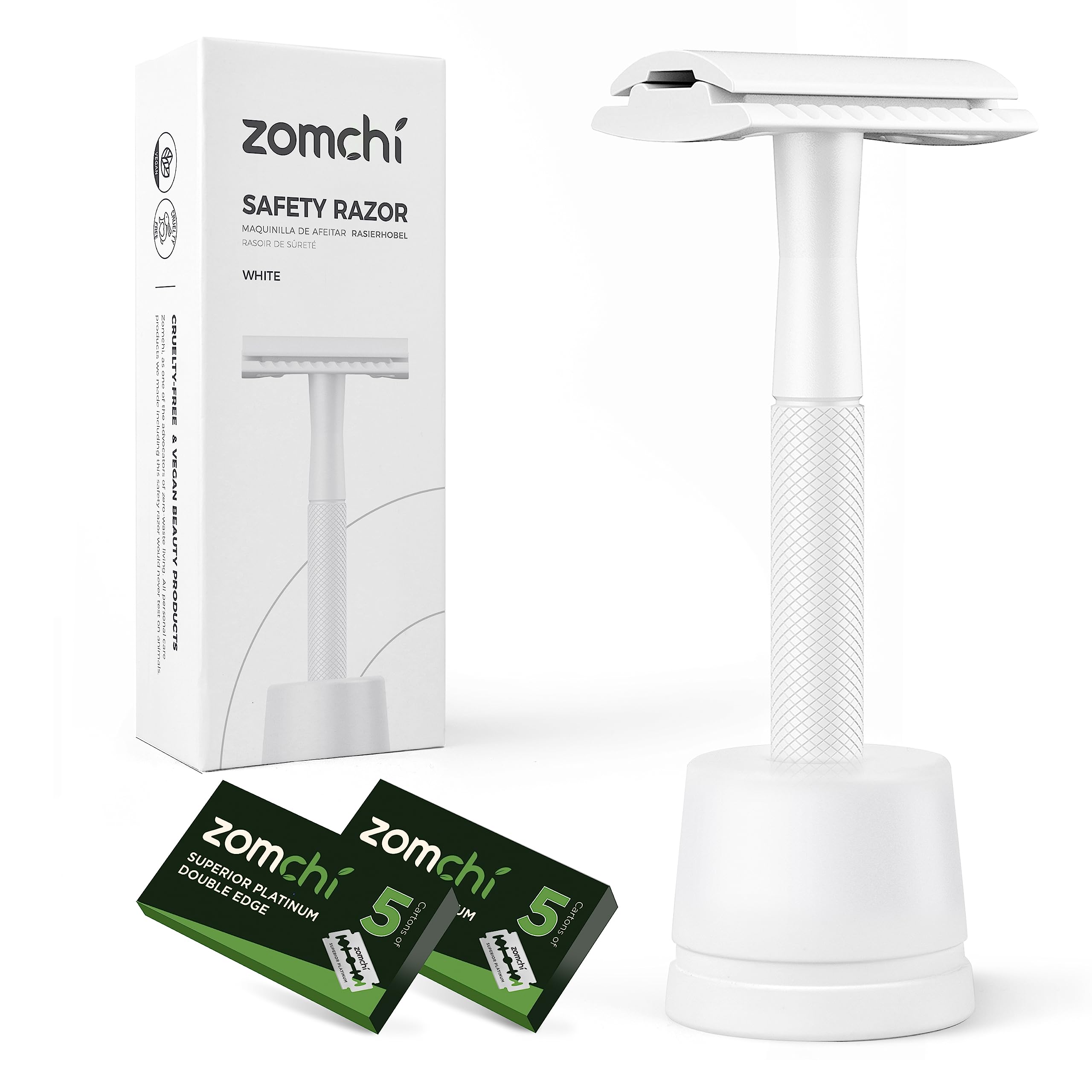 ZOMCHI Double Edge Safety Razor with Stand, Women Razor with 10 Double Edge Safety Razor Blades, Plastic Free Metal Razor - Whit