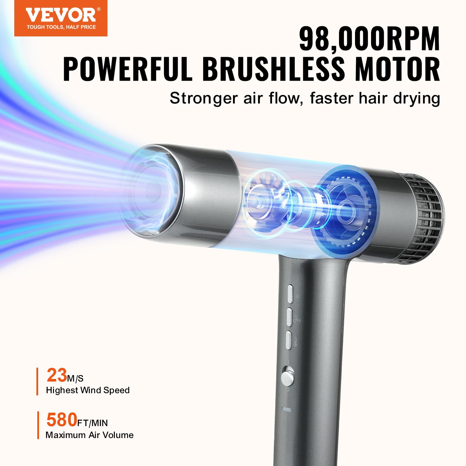 Vevor Professional Hair Dryer, 3.0 Million Negative Ions Blow Dryer, 98,000Rpm High-Speed Brushless Motor, 3 Temp & 3 Speeds, Li