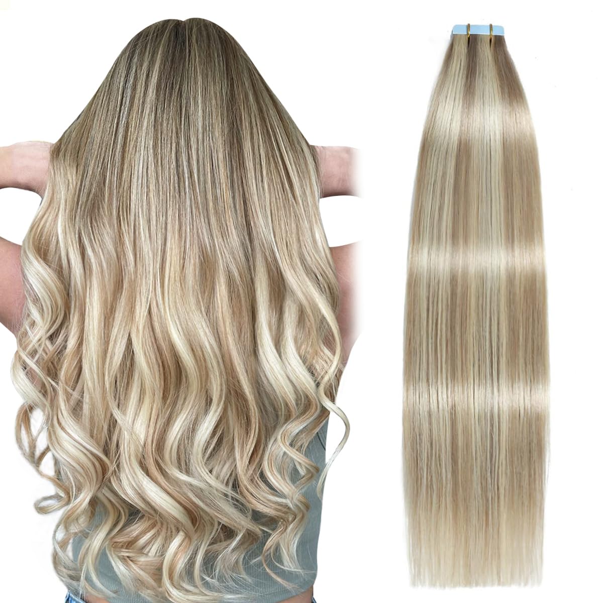 Suyya Tape In Hair Extensions Human Hair Ash Blonde Highlighted Bleach Blonde 20 Inch 50G/Pack 20Pcs Straight Seamless Skin Weft