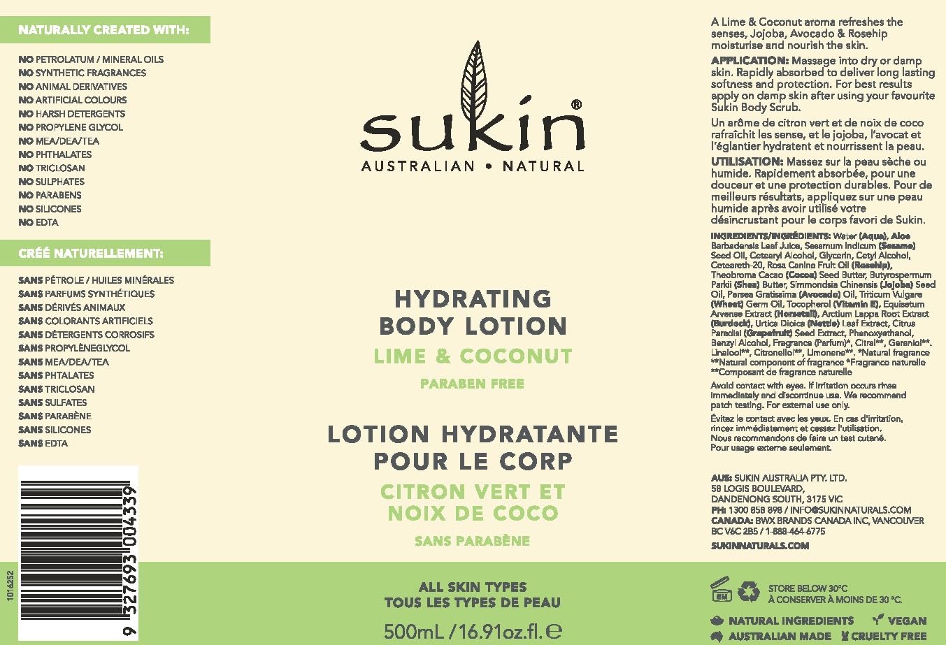 Sukin Lime & Coconut Scent Hydrating Body Lotion For Women, For All Skin Type, Paraben Free, 16.91 Fluid Ounces (Pack Of 1)