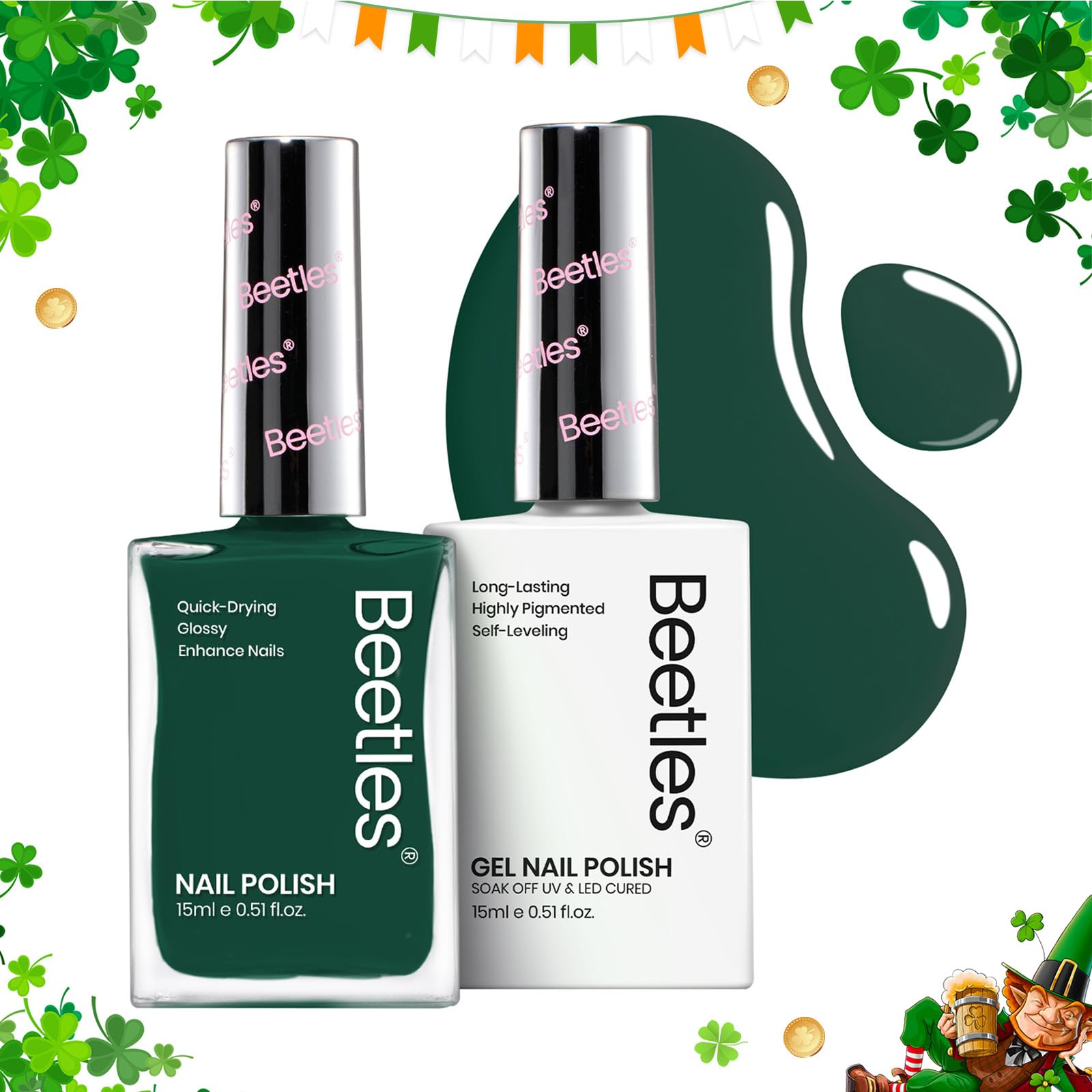 Beetles Gel Nail Green 2Pcs 15ml Gel Polish and Fast Dry Nail Polish Forest Green Collection Air-Drying & Long Lasting Nail Poli