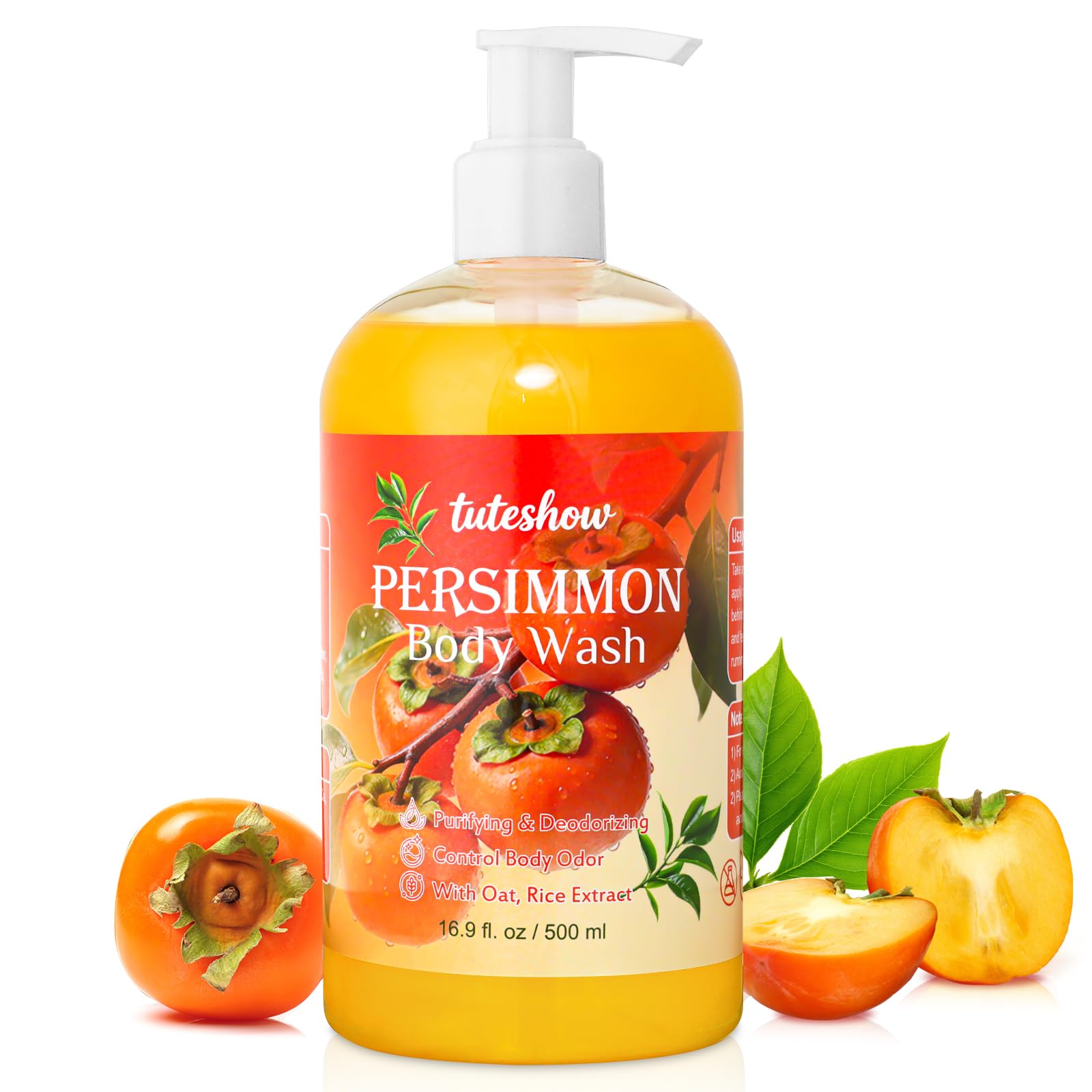 Tuteshow 16.9 Fl. Oz Persimmon Body Wash for Body Odor, Natural Deodorant Persimmon Soap for Old People Smell, with Tea Tree, Oa