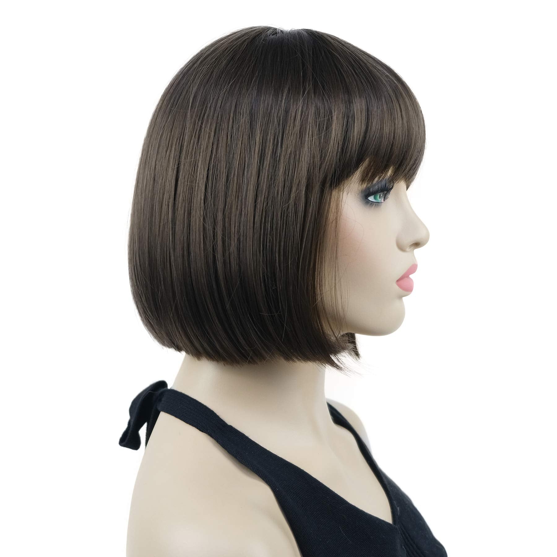 Lydell 8'' Straight Short Bob Hair Flat Bangs Cute Central Dot Skin Top Heat Resistant Synthetic Wigs (8 Light Chestnut Brown)