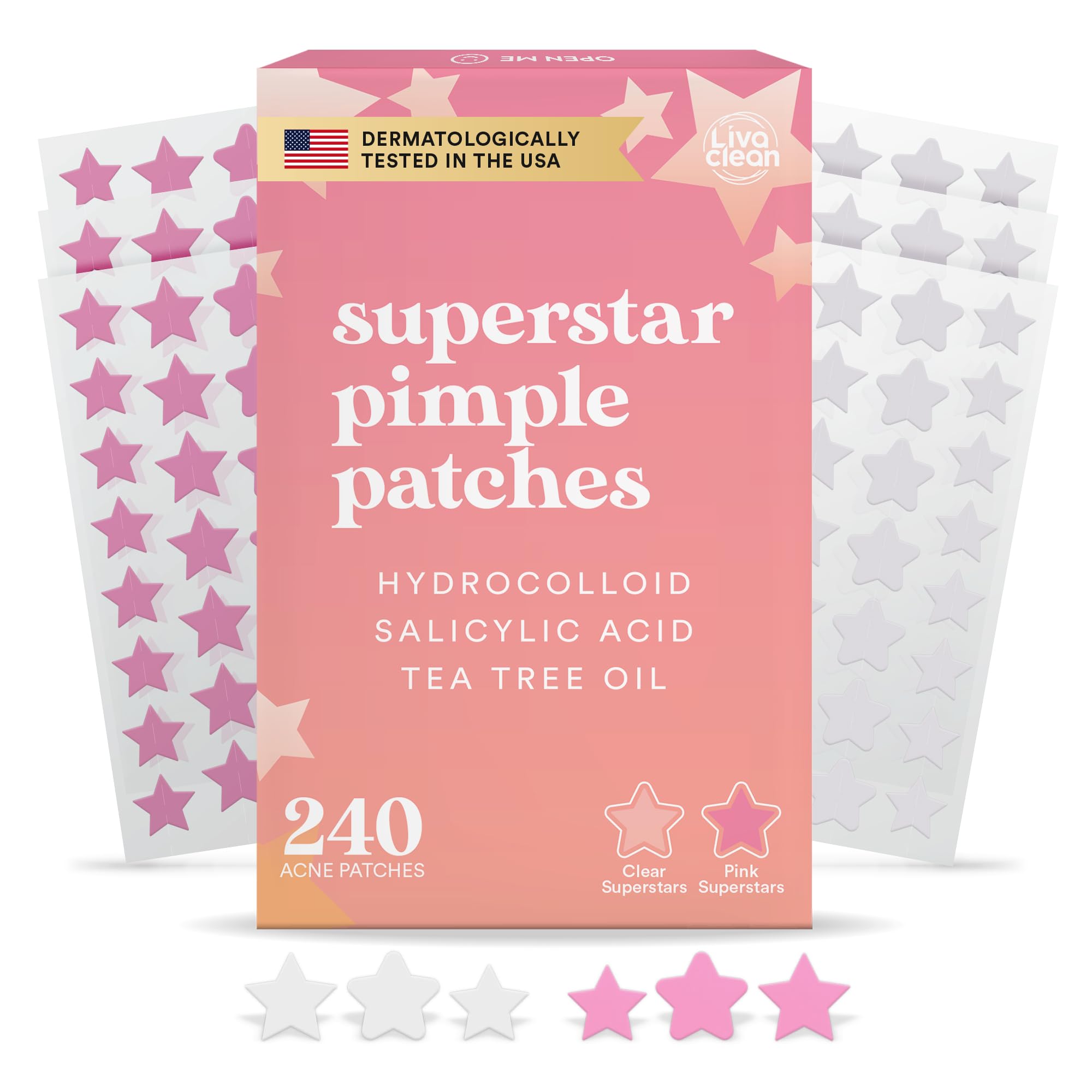 LivaClean Star Blemish Patches (240CT) - Salicylic Acid & Tea Tree Oil, Clear & Pink Pimple Patch Cute, Acne Star, Cute Pimple S