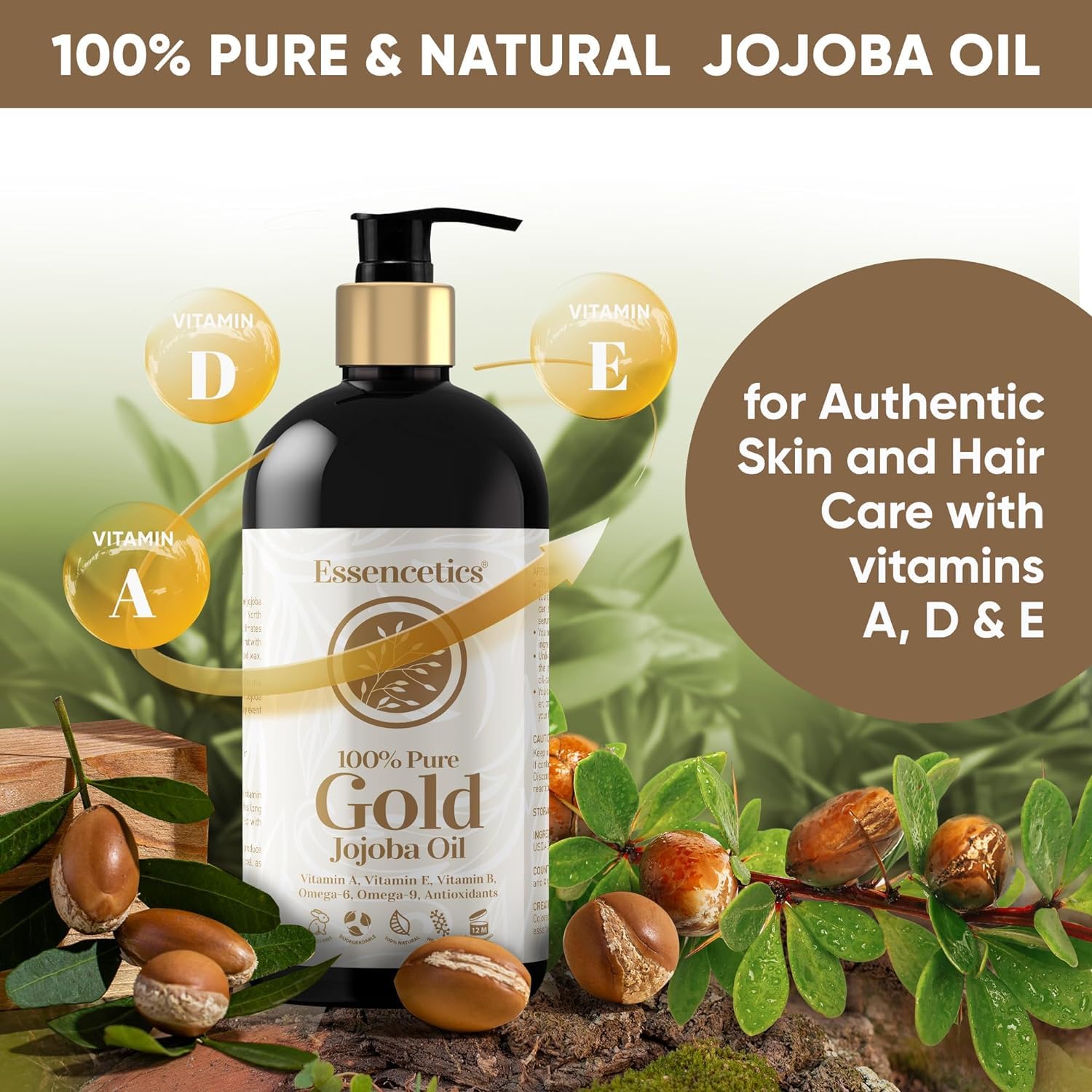 Essencetics Organic Jojoba Oil 16 oz - 100% Pure & Natural Jojoba Massage Oil for Hair, Skin, Body, & Face - Natural Cold Presse