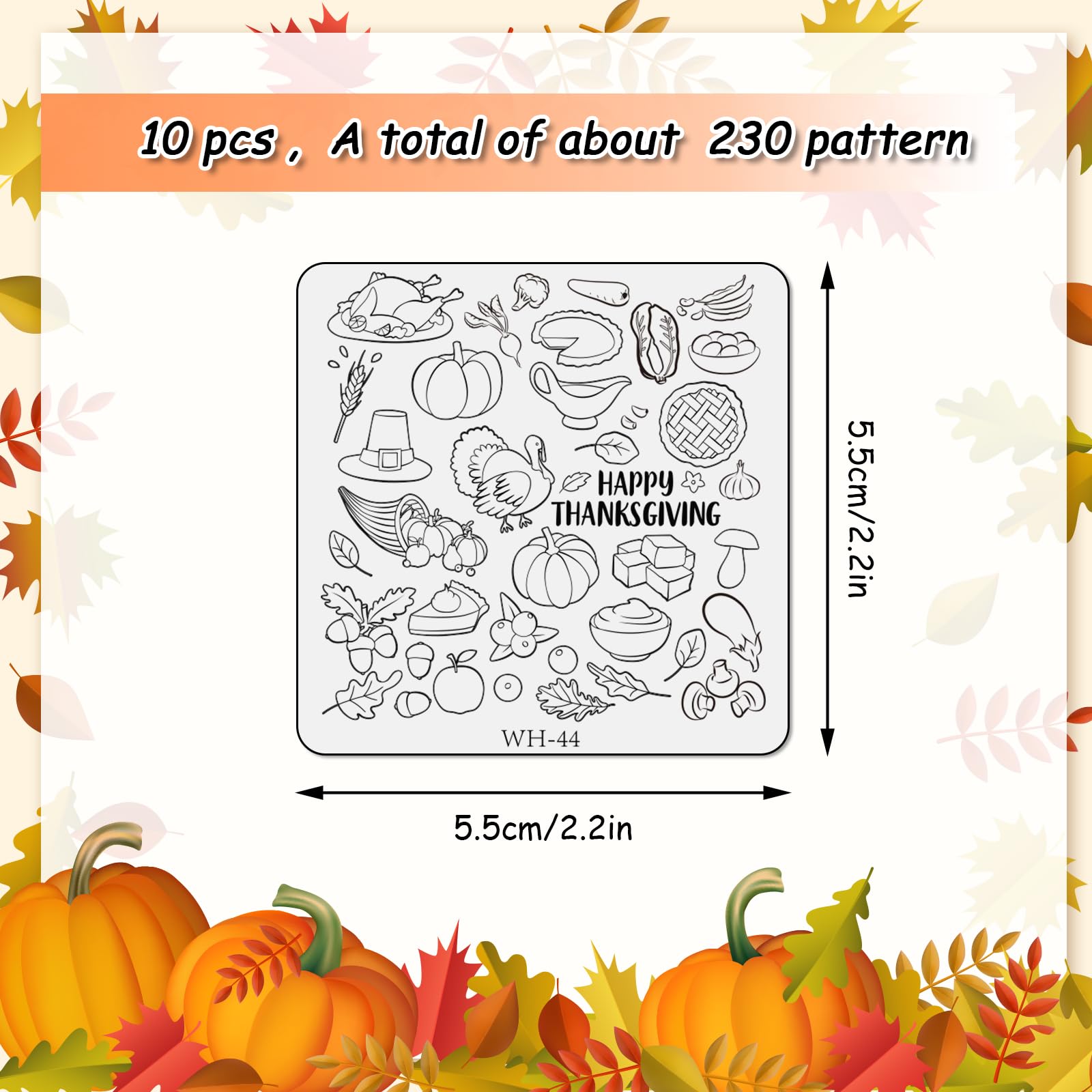 Whaline 10 Sheet Fall Nail Art Stamping Plates Kit Happy Thanksgiving Pumpkins Maple Leaf Gnome Plaid Autumn Blessings Collectio