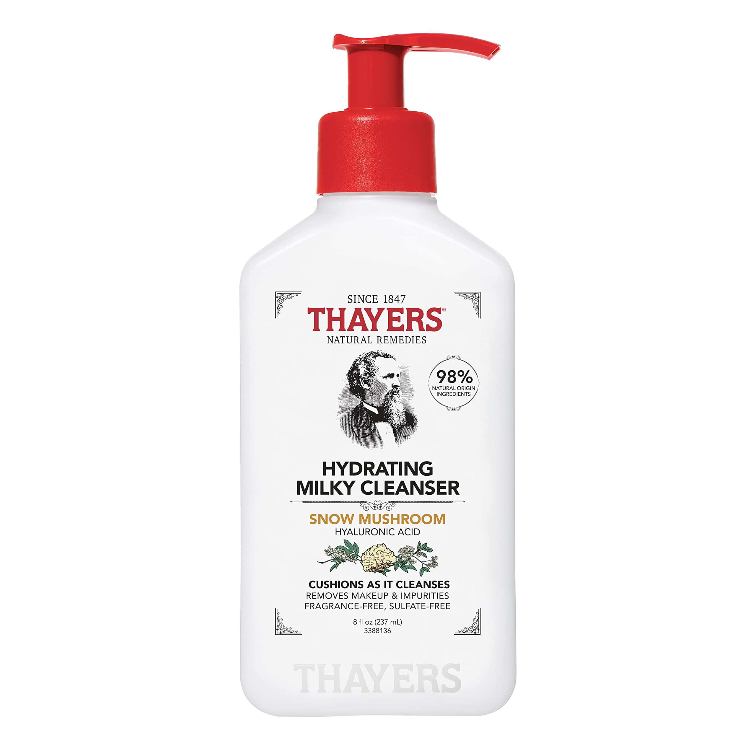 Thayers Milky Face Cleanser With Snow Mushroom, Hyaluronic Acid - Gentle, Hydrating, Dermatologist Recommended For Dry, Sensitiv