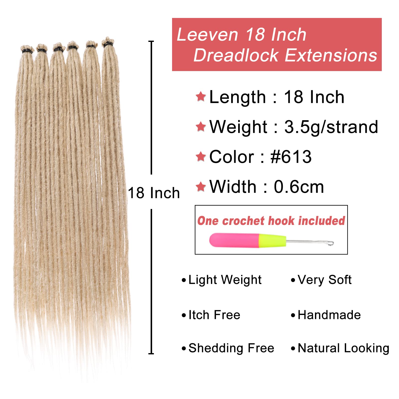 Leeven 18 Inch Blonde Synthetic Dreadlock Extensions 20 Strands Single Ended Crochet Dreads Extensions Handmade Soft 0.6 cm Widt
