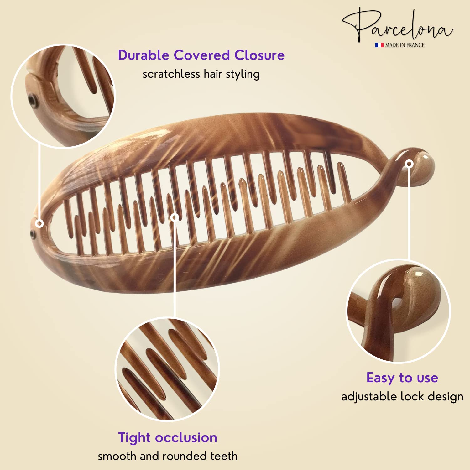Parcelona French Beige in the Air Light Tortoise Shell 5.5 Celluloid Interlocking Ponytail Holder Strong No Slip Clips Fishtail