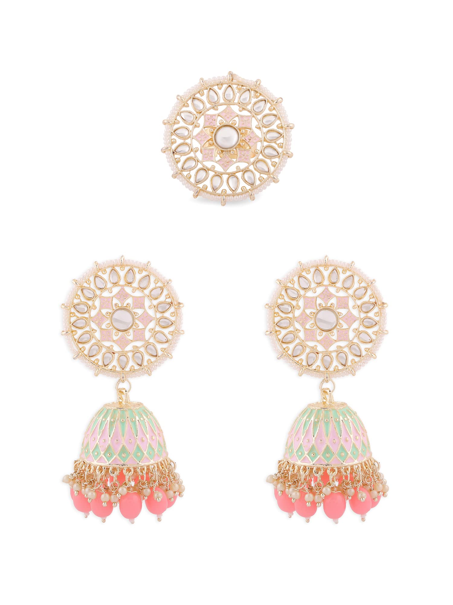 Zaveri Pearls Pink & Green Meenakari Kundan & Beads Ethnic Jhumki Earring & Ring Set For WomenZpfk14648