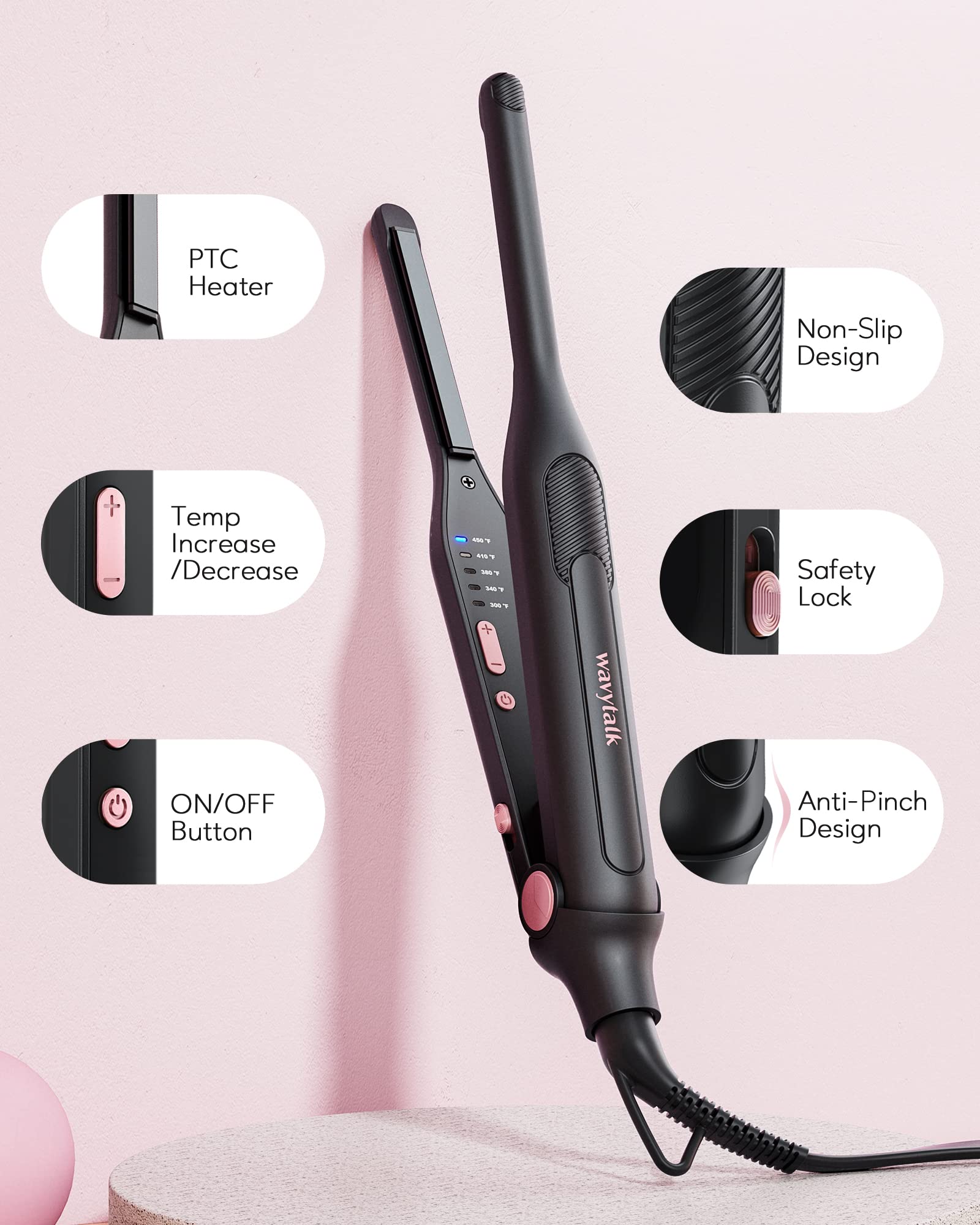 Wavytalk 3/10 Mini Hair Straightener, Bright Rose Gold, Flat Iron for Short Hair, Pixie Cut & Bangs with Anti-Pinch Design