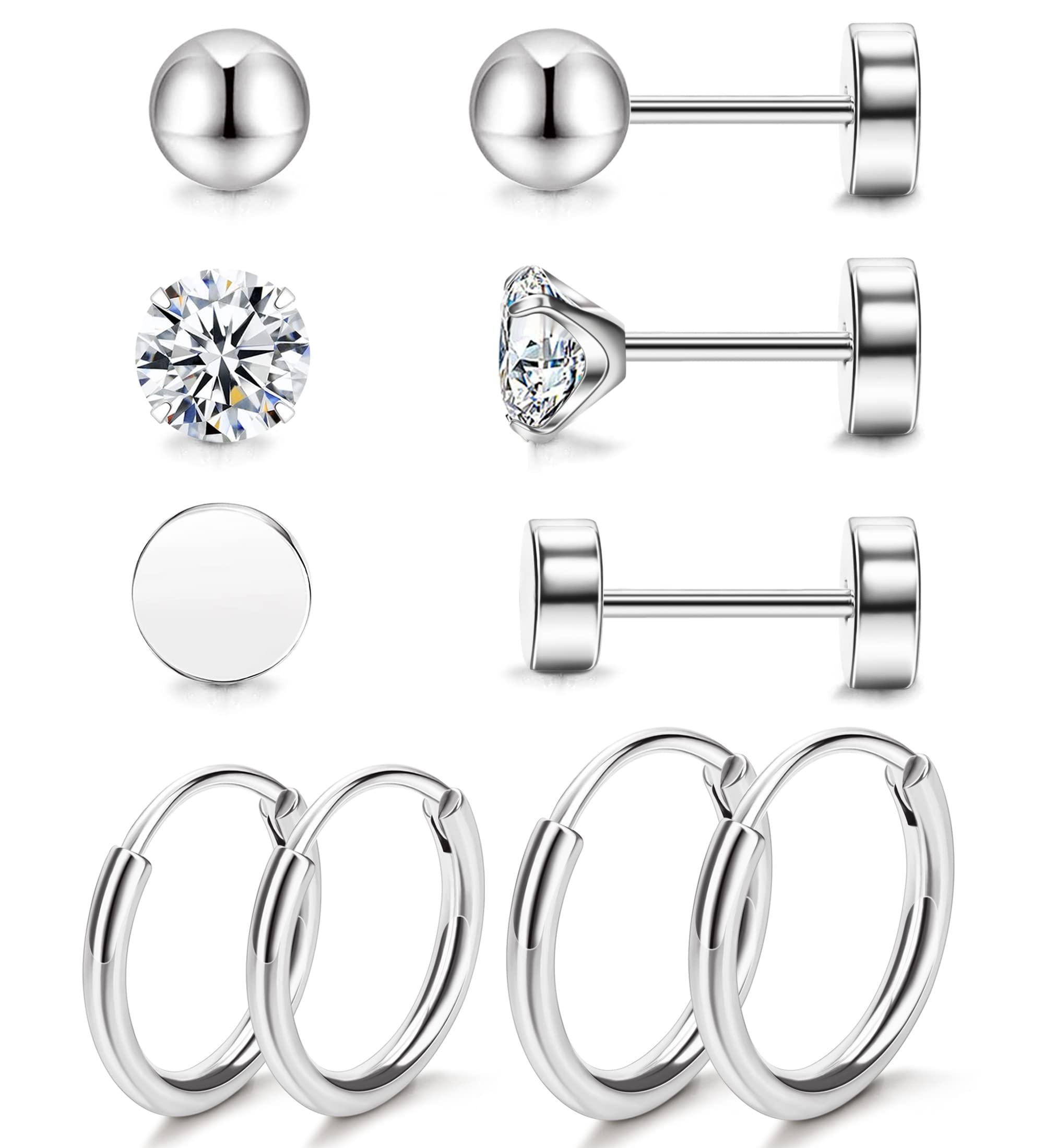 Staligue 5 Pairs Pure Titanium Earrings for Women - 20G Hypoallergenic Flat Back Earrings - Studs & Hoops Set with CZ(Silvery)