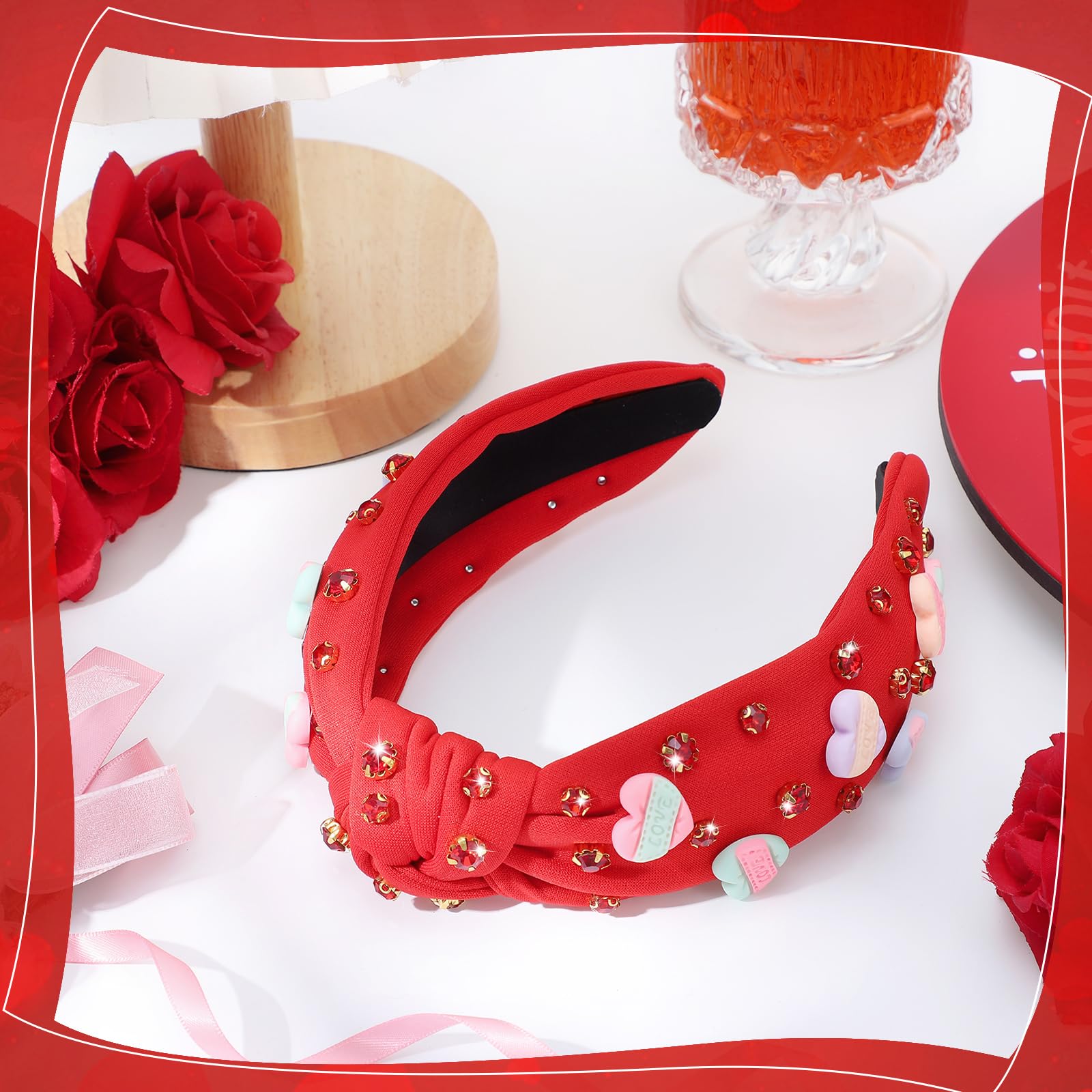 Obeoby Valentine'S Day Headband For Women, Red Heart Knotted Headband With Crystal Hearts Decorations Valentine'S Day Gifts Holi