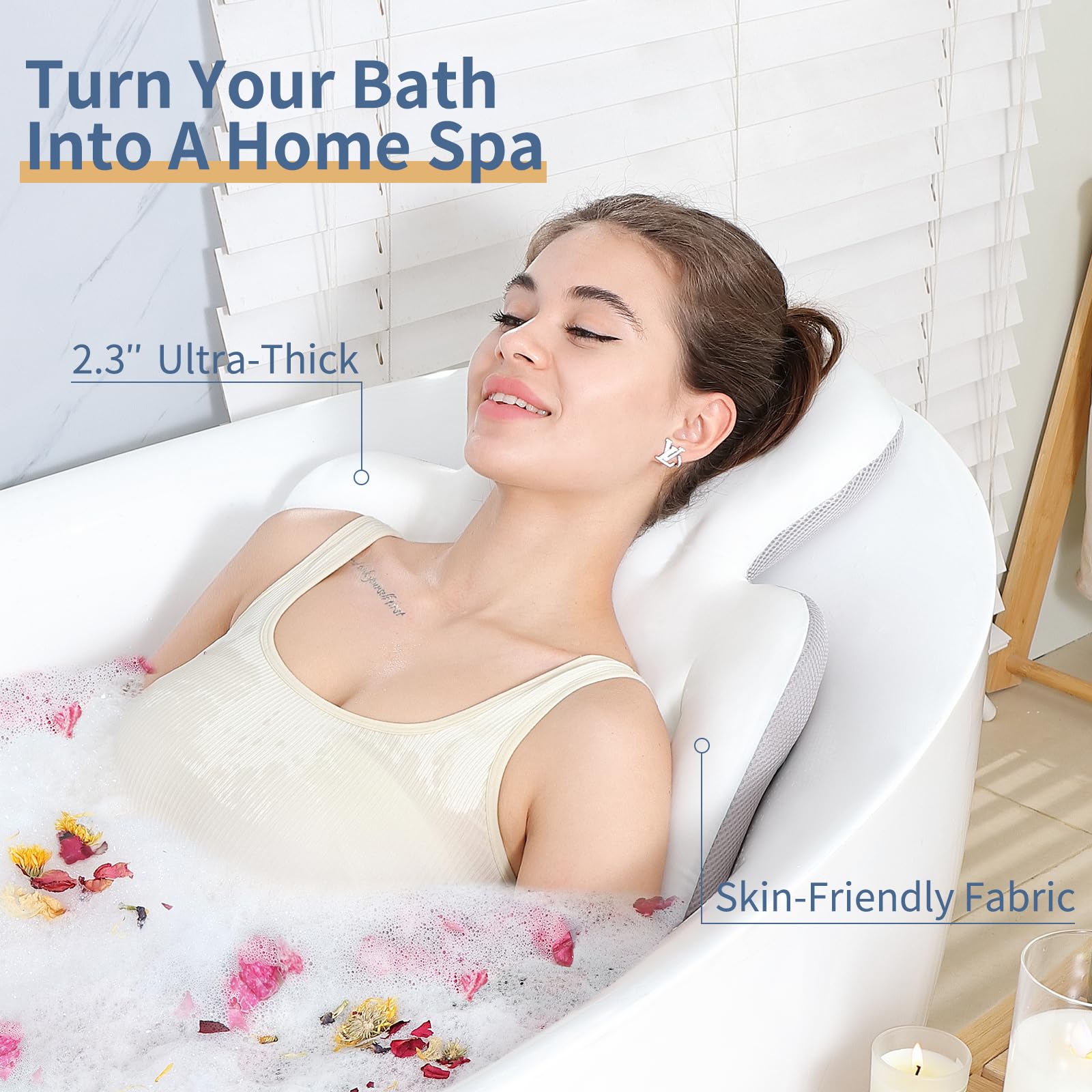 Luxury Bath Cushion, Full Body Bathtub Pillow With 160 Suction Cups, Bath Mat For Head And Neck Support, With Laundry Bag (White