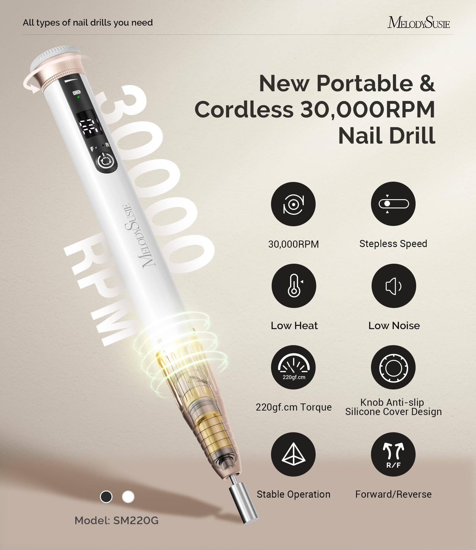 MelodySusie Pen-Shaped One-Hand Stepless Speed Adjustment Cordless Nail Drill, SM220G 30000RPM Portable Rechargeable Electric Fi