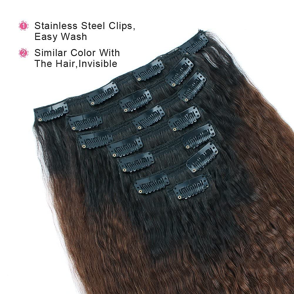 AmazingBeauty 8A Double Weft Texlaxed Kinkys Straight Ombre Clip Extensions Human Hair for Black Women, Natural Black Fading int