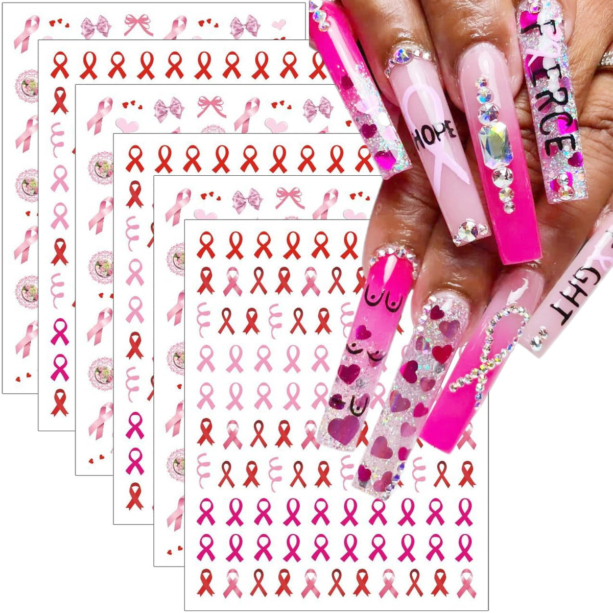 Breast Cancer Nail Stickers 3D Pink Ribbon Nail Decals Breast Cancer Awareness Nail Art Stickers Love Heart Bow Nail Design Stic
