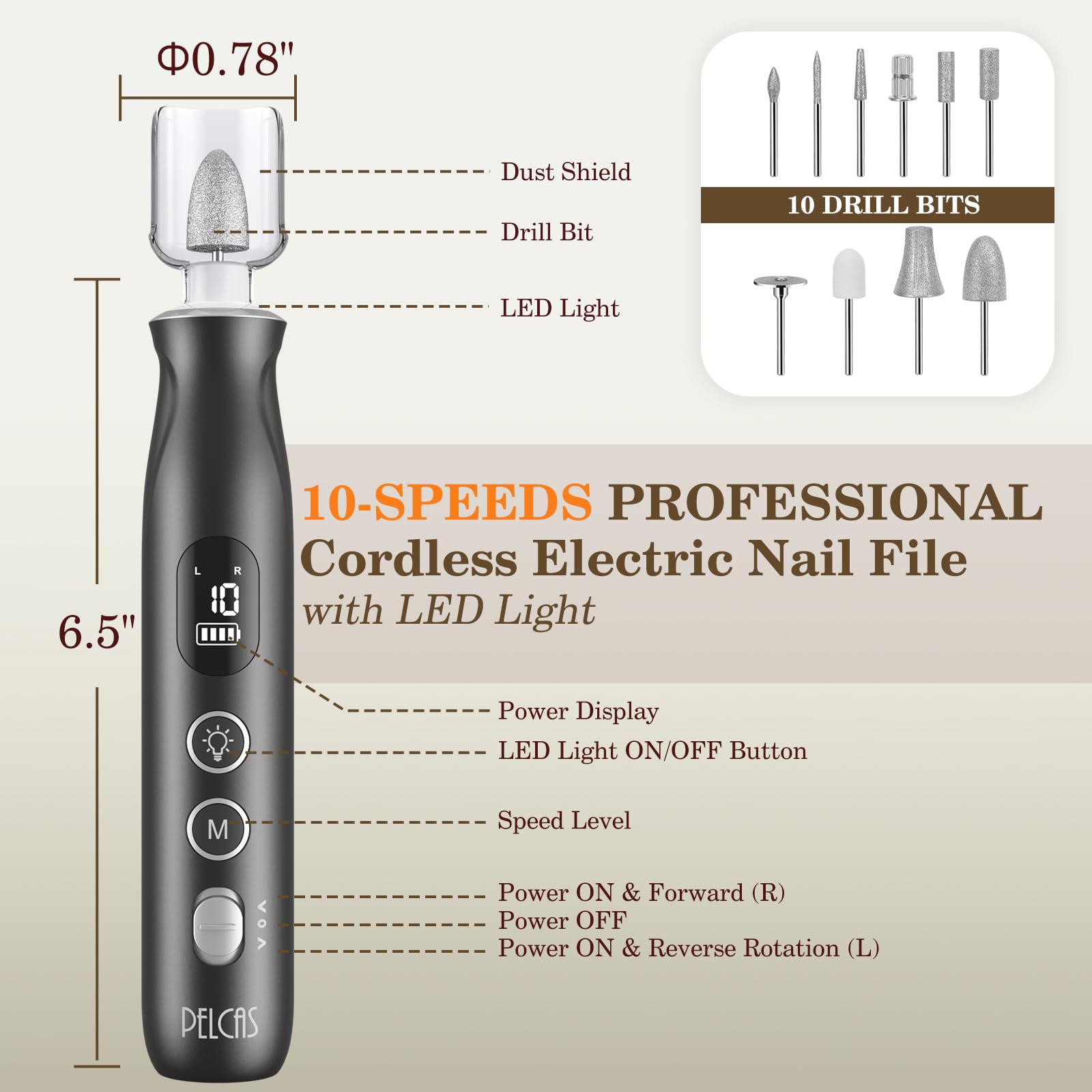 PELCAS Electric Nail Grinder, 10 Speeds Cordless Nail Drill with LED Light, Portable Manicure and Pedicure Kit, Nail File with L