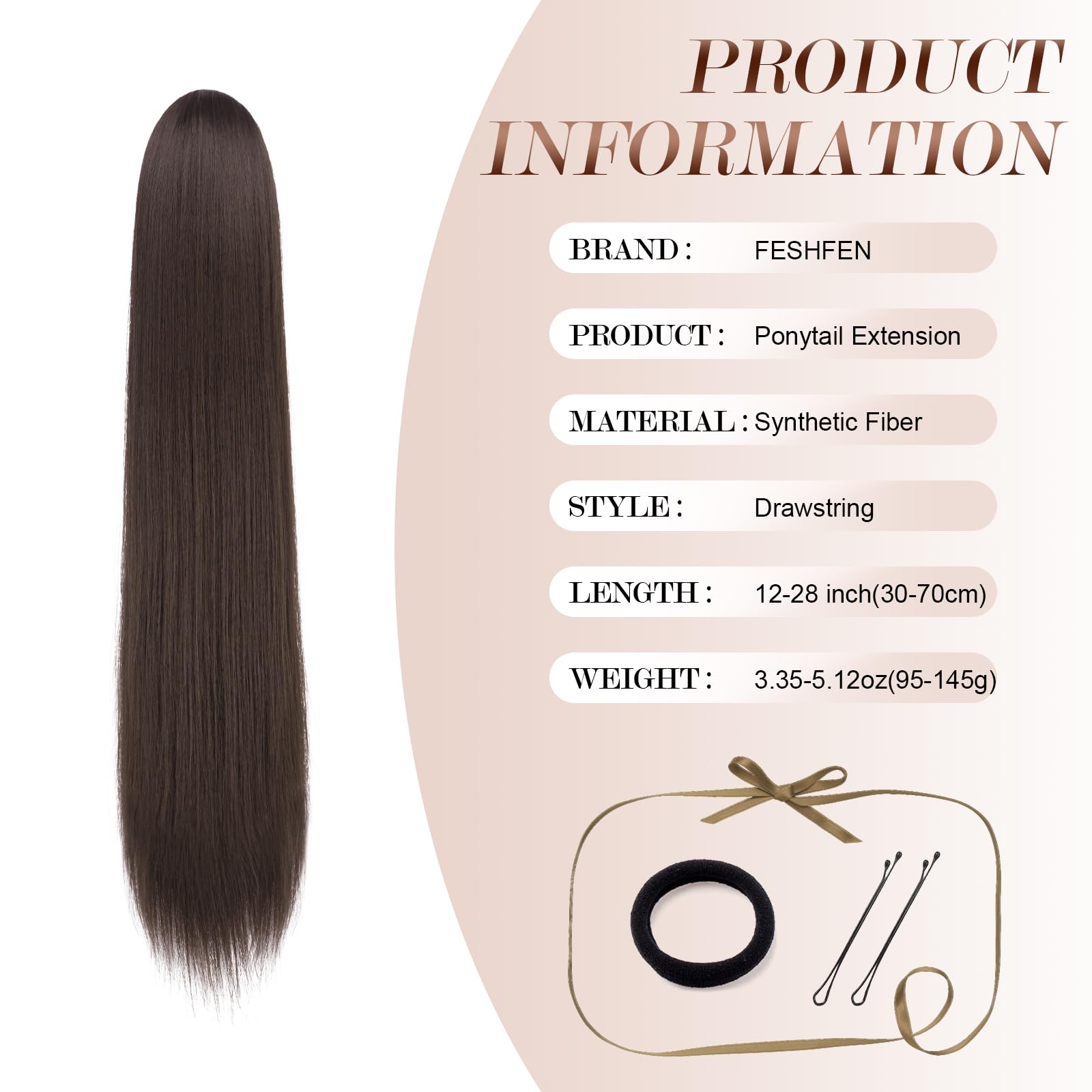 FESHFEN Ponytail Extensions Long Straight Drawstring Natural Clip in Synthetic Hair Piece Drawstring Ponytails Hairpieces for Wo